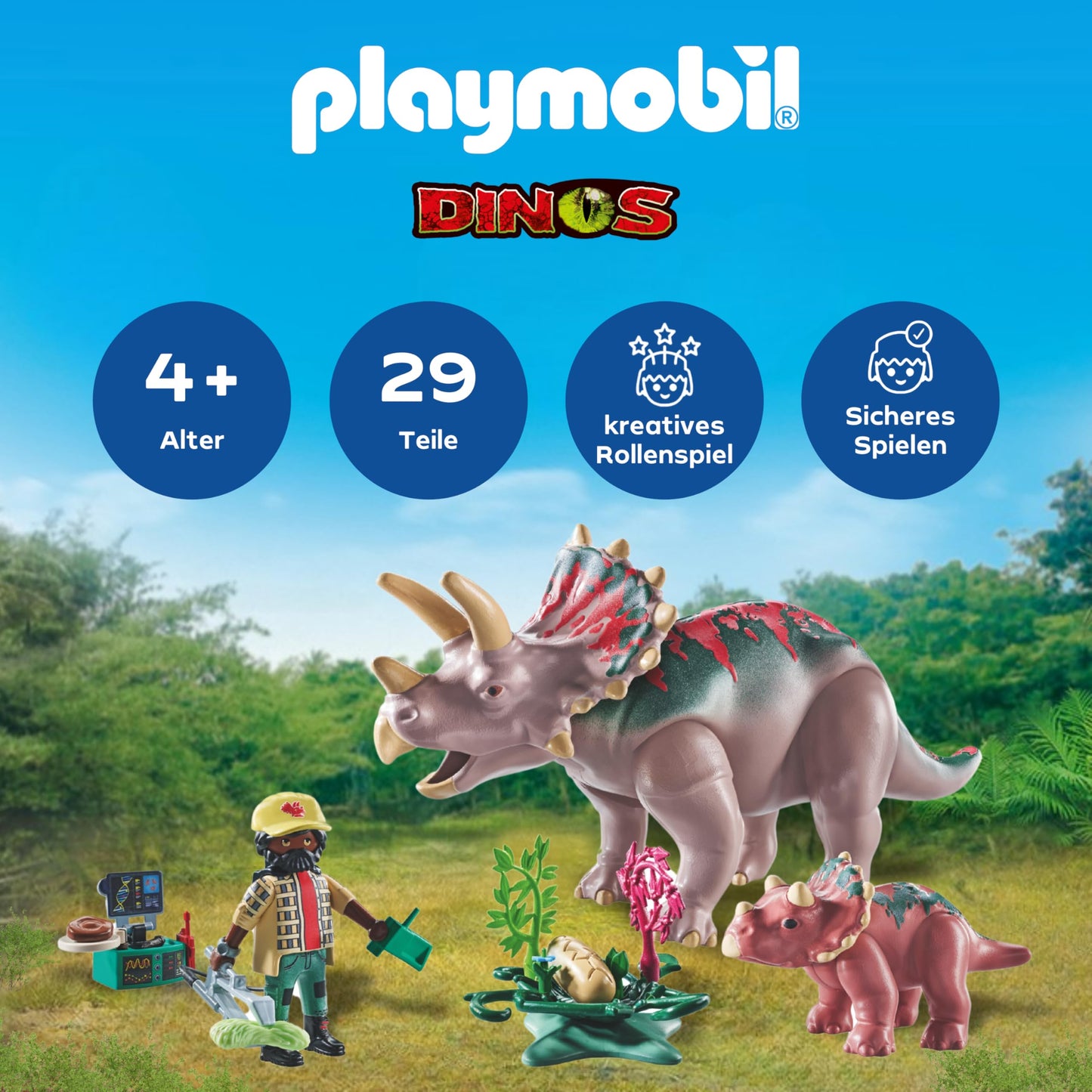 PLAYMOBIL | Dinosaurs | Triceratops with young animal | Dino playset | Animal figures | Adventure Toys | for children aged 4 and over | 71821
