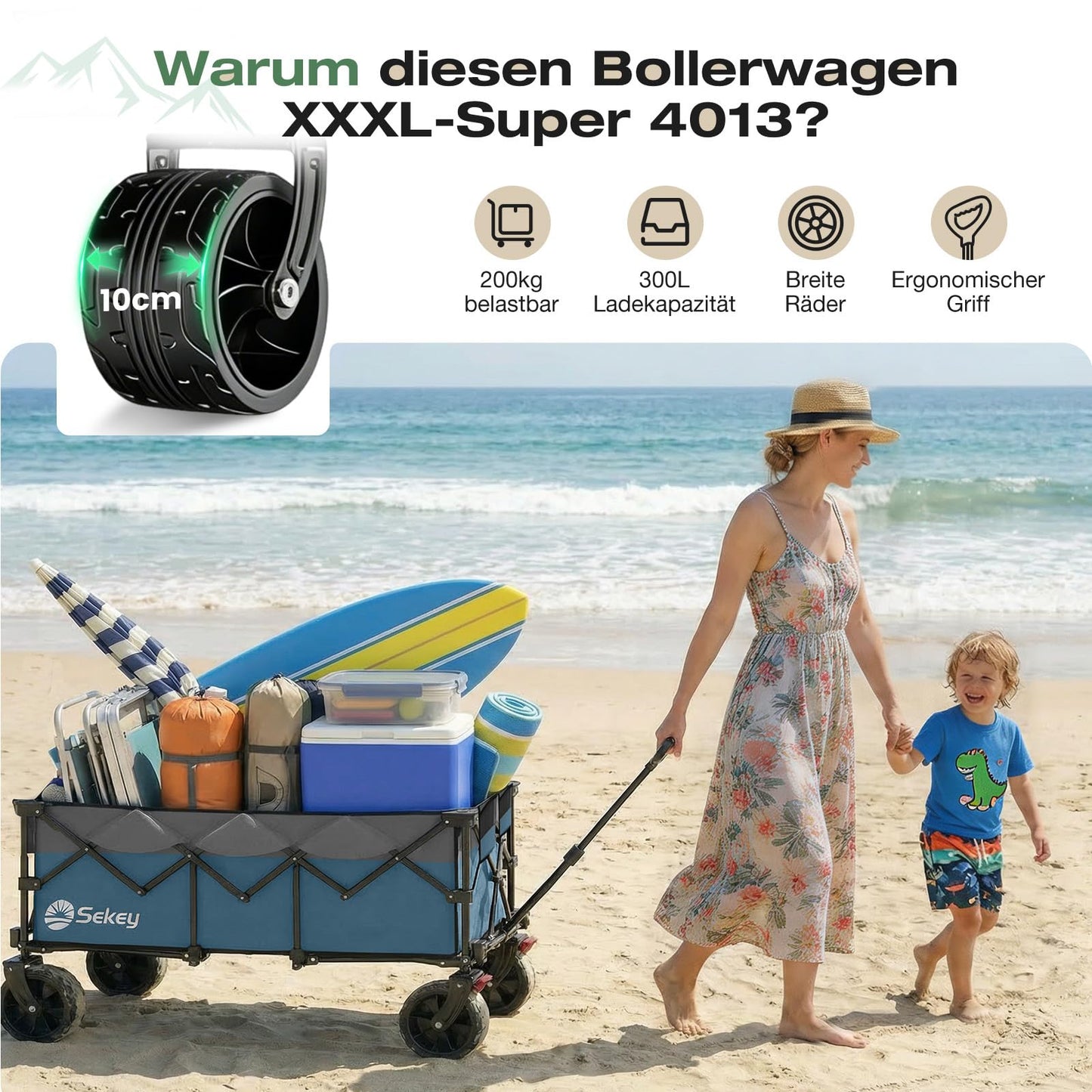 Sekey XXXL handcart foldable 300L 200KG load-bearing, extended folding handcart with extra width 17x10 cm all-terrain wheels handcart, patented 4-way instant assembly transport cart, blue with gray - 4013