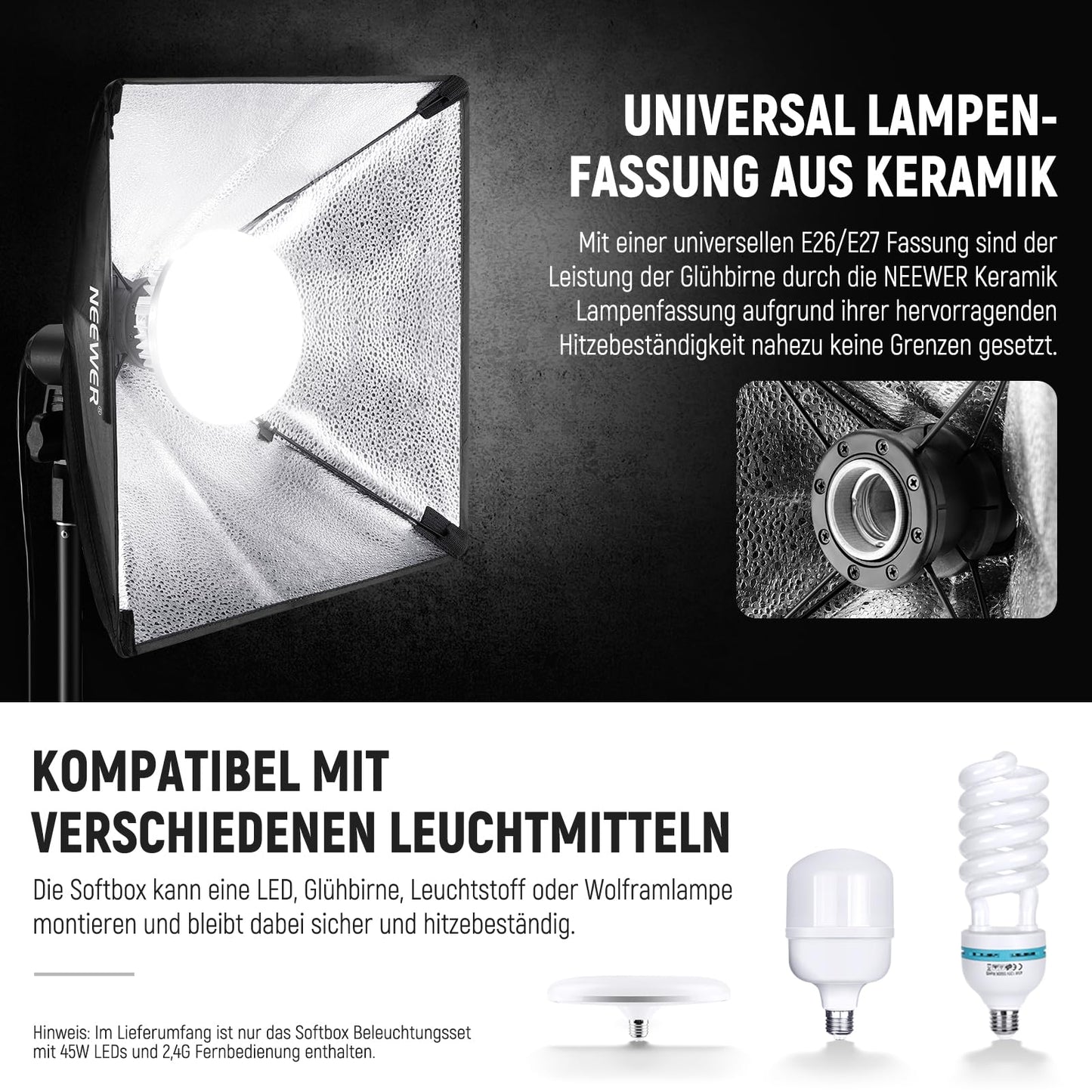 NEEWER 24"x24" softbox lighting kit with tripod stands, pack of 2, 45W two-tone 2.4G LED bulbs, 10 channels, 2900K-7000K, 1400Lux/m, CRI95, 20m remote control, photography continuous light kit, NK103 - 10105818