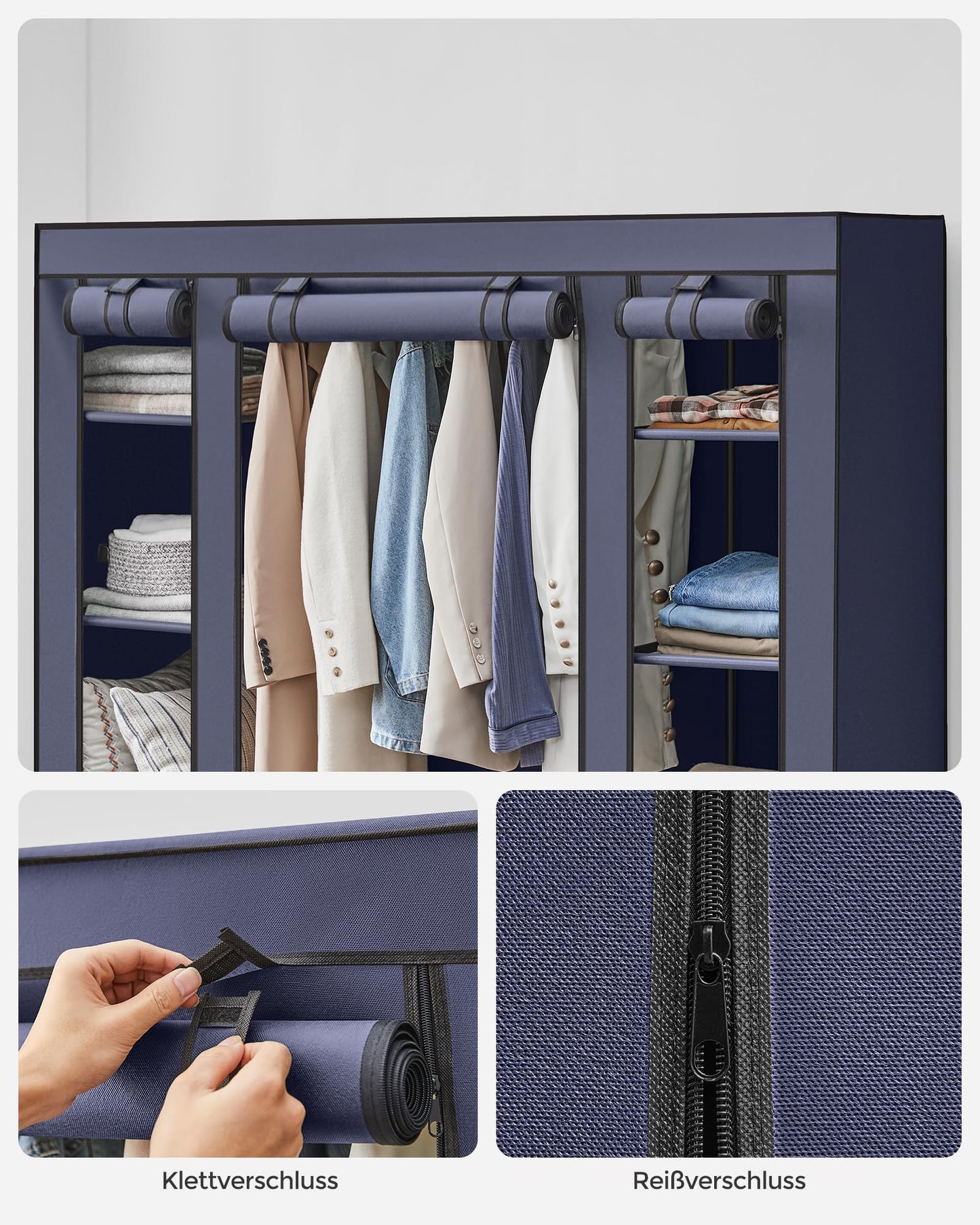 SONGMICS Wardrobe, fabric wardrobe, with non-woven fabric cover, folding wardrobe with clothes rail, 45 x 150 x 175 cm, 12 shelves, metal frame, wardrobe for bedroom, navy blue LSF003I02 - 0194343040943