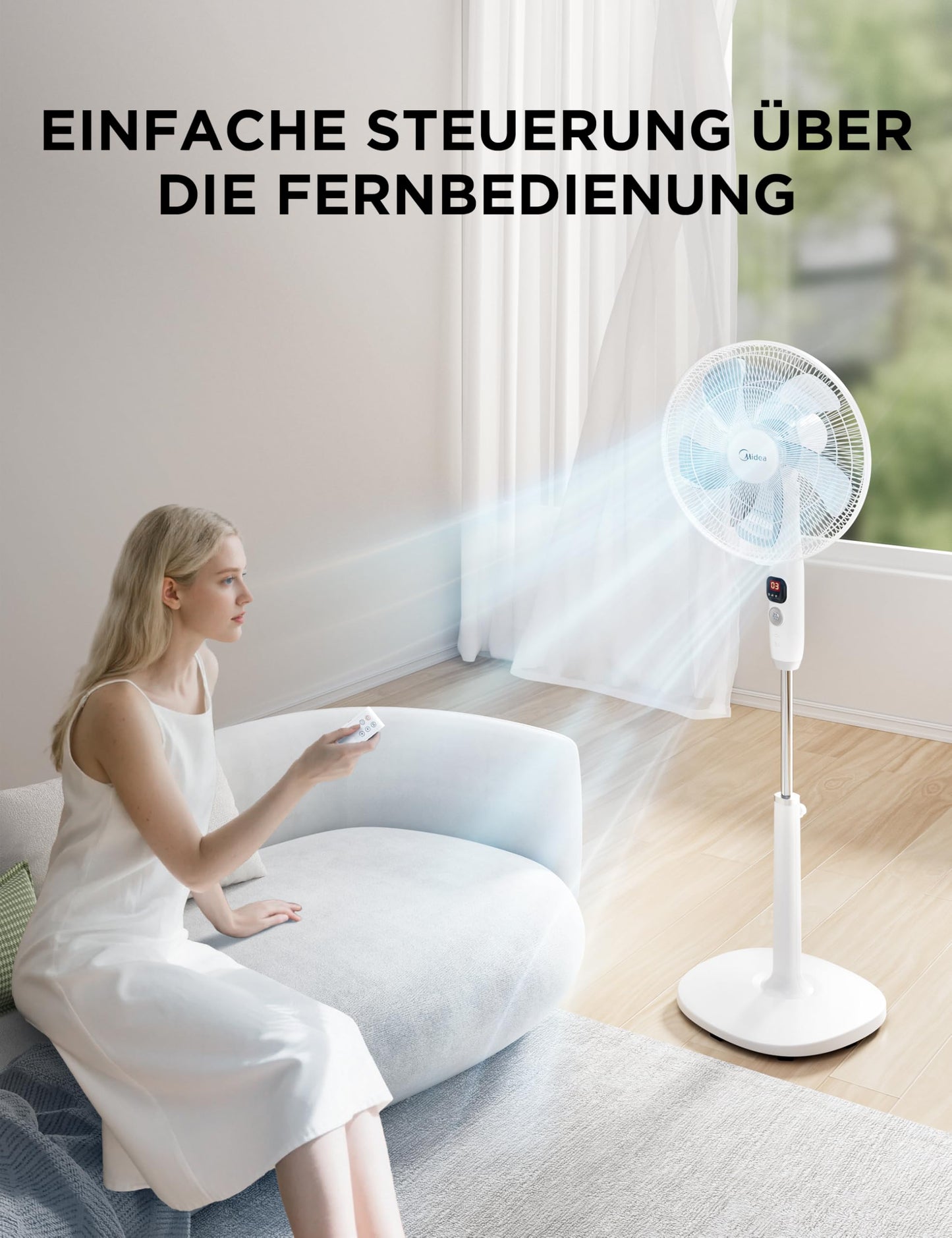 Midea FS40-16CR DC motor pedestal fan quiet Extreme, with remote control, 12 speeds, 12H timer, 4 modes, LED display, energy saving, 22 dB, height adjustable, air circulation, white