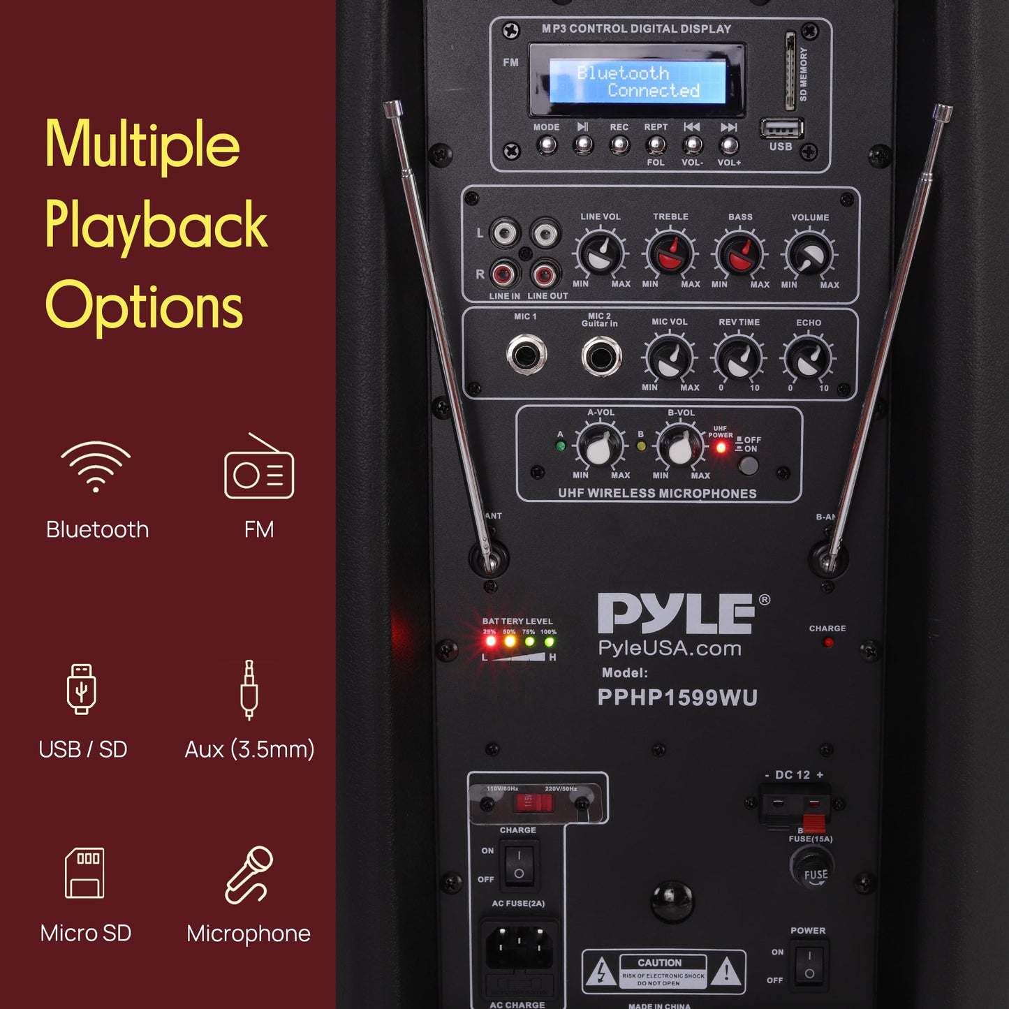 Pyle party box, Bluetooth speaker, large, portable and rollable, music box with 2 microphones and remote control, 1600 watts with built-in rechargeable battery, boom box for indoor and outdoor use - PPHP1599WU