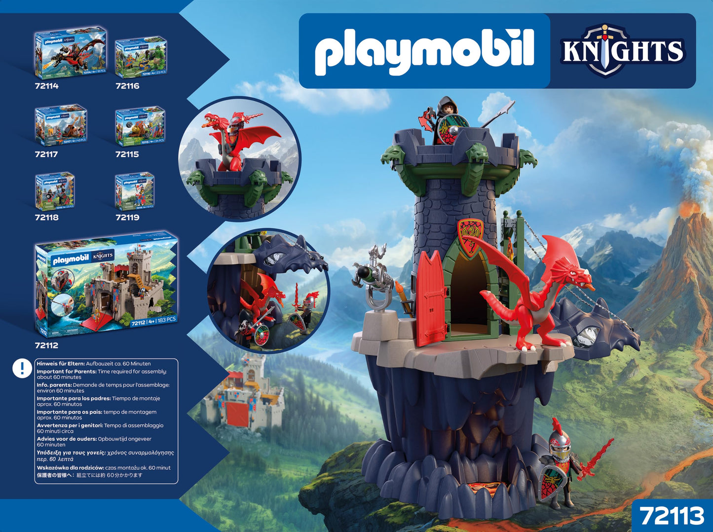 PLAYMOBIL | Knights | Dragon Knight Tower | Tower with dragons, drawbridge and dragon head cave | Knight's castle toy for children aged 4 and over 72113