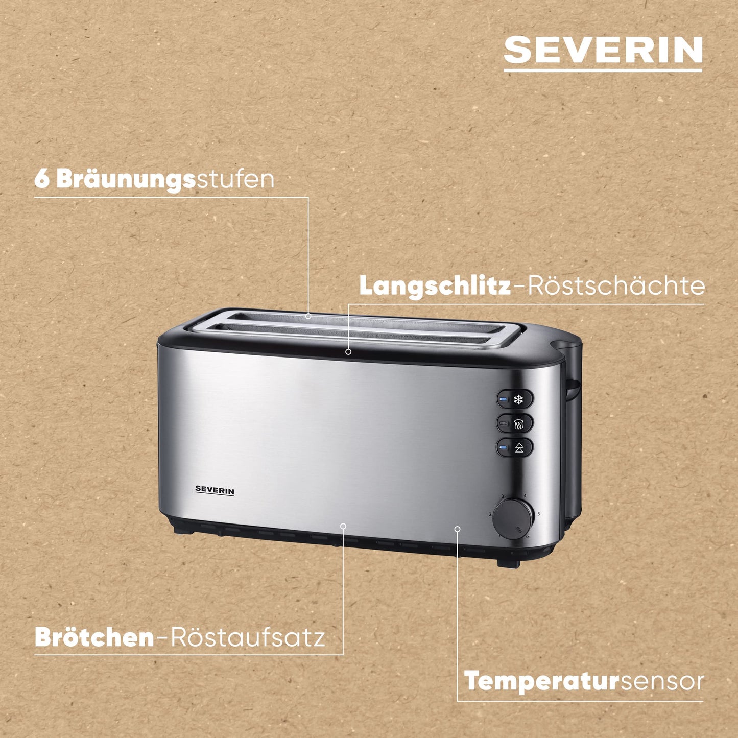 Severin double long slot toaster with built-in bread roll attachment, for 4 slices of bread, bread slice centering, warm-up and defroster level, brushed stainless steel, black, 1,400 W, AT 2509
