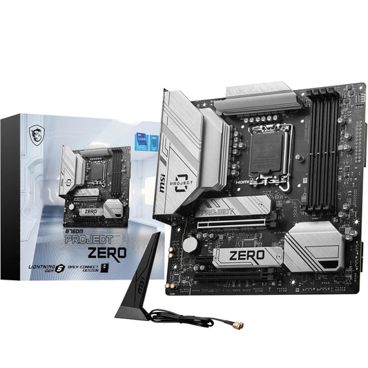 MSI B760M Project Zero Placă de bază, Back Connect mATX - Suportă procesoare Intel Core de generațiile 14, 13 și 12 LGA 1700, DDR5 7800+MHz/OC, PCIe 5.0 x16, - 7E14-001R