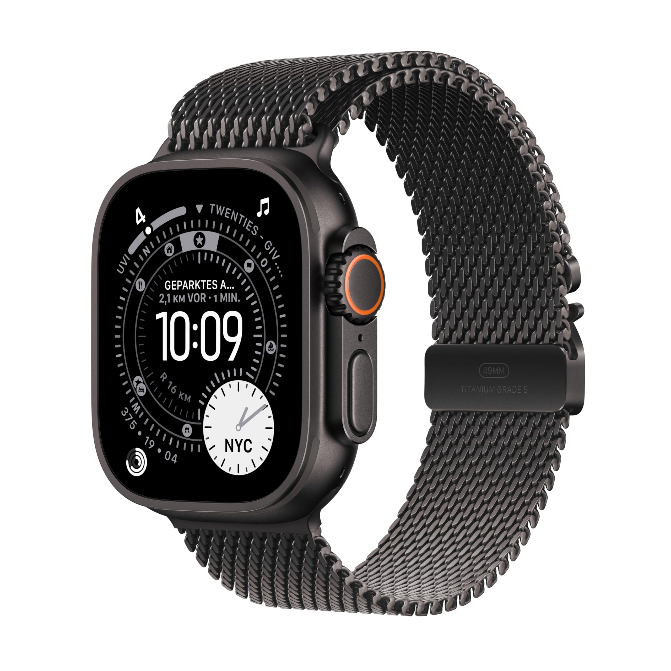 Apple Watch Ultra 3 GPS + Cellular 49 mm premium smartwatch for running training and combination sports with robust titanium case in black and Milanese strap in black (small) - MF1N4QF/A