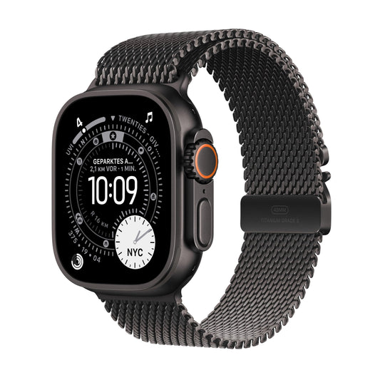 Apple Watch Ultra 3 GPS + Cellular 49 mm premium smartwatch for running training and combination sports with robust titanium case in black and Milanese strap in black (medium) - MF1Q4QF/A