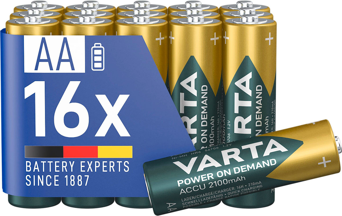 VARTA AA batteries, rechargeable, pack of 16, battery, power on demand, 2100 mAh Ni-MH, pre-charged, ready for immediate use [Exclusive to Amazon] - Power