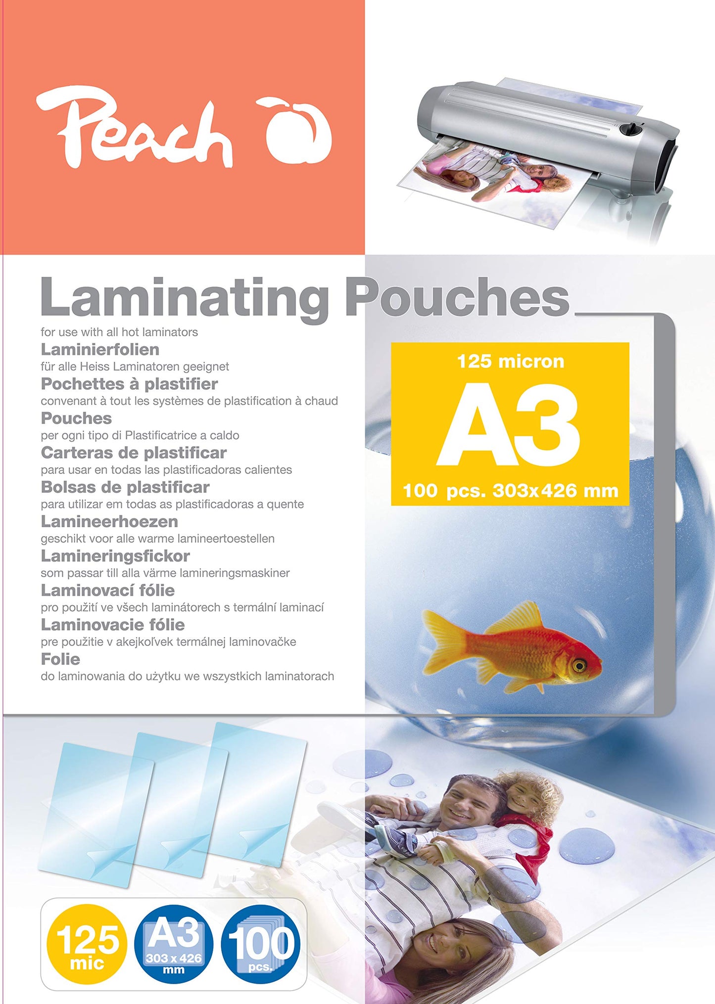 Peach laminating pouches A3 300 pieces 2 x 125 mic (250µm) glossy - ultra strong - PP525-13P