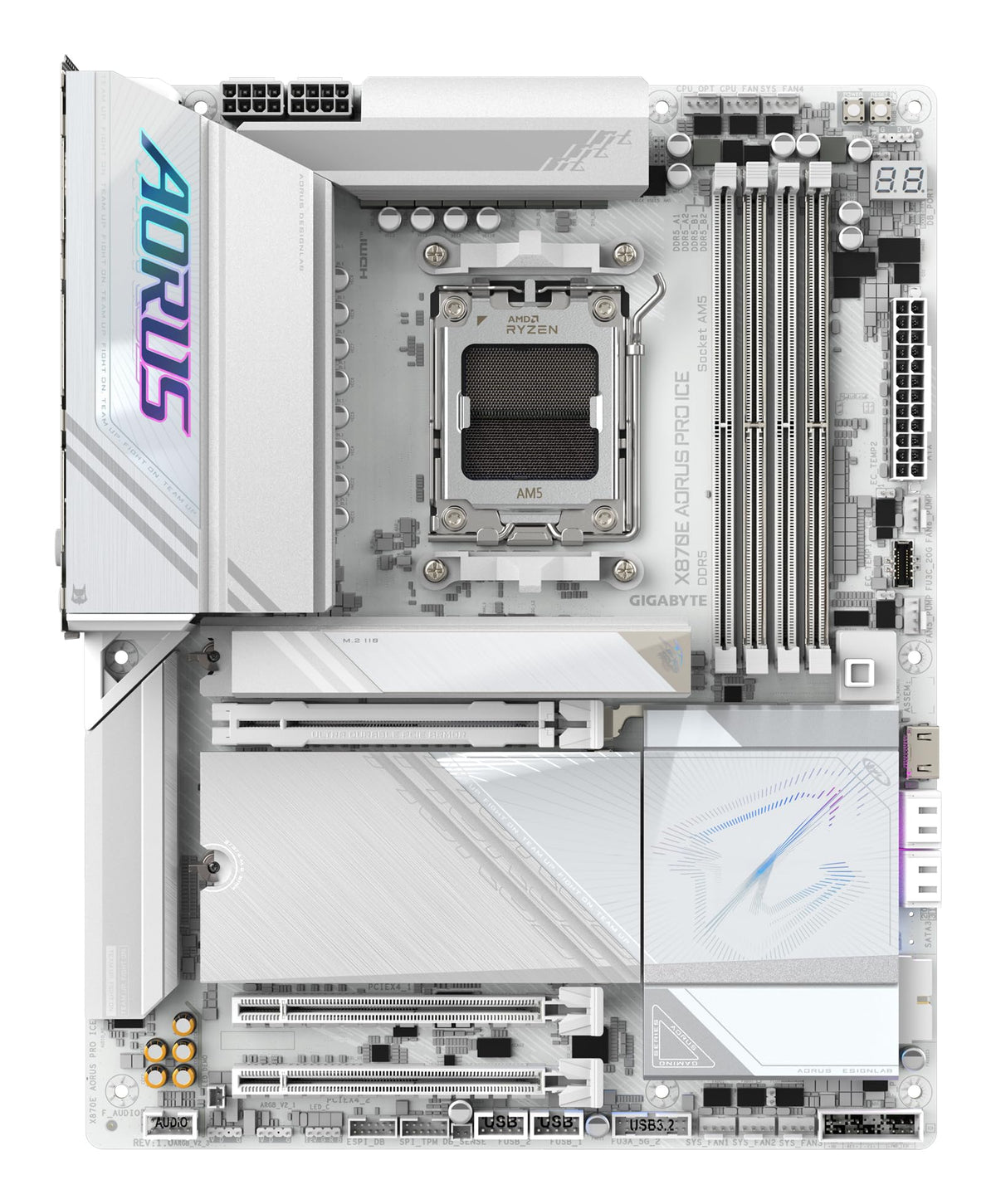 GIGABYTE X870E AORUS PRO Ice-Placă de bază - Suportă procesoare AMD Ryzen 9000, 16+2+2 faze Digital-VRM, până la 8000MHz DDR5 (OC), 3xPCIe 5.0, Wi-Fi 7, LAN 2.5GbE, USB 4
