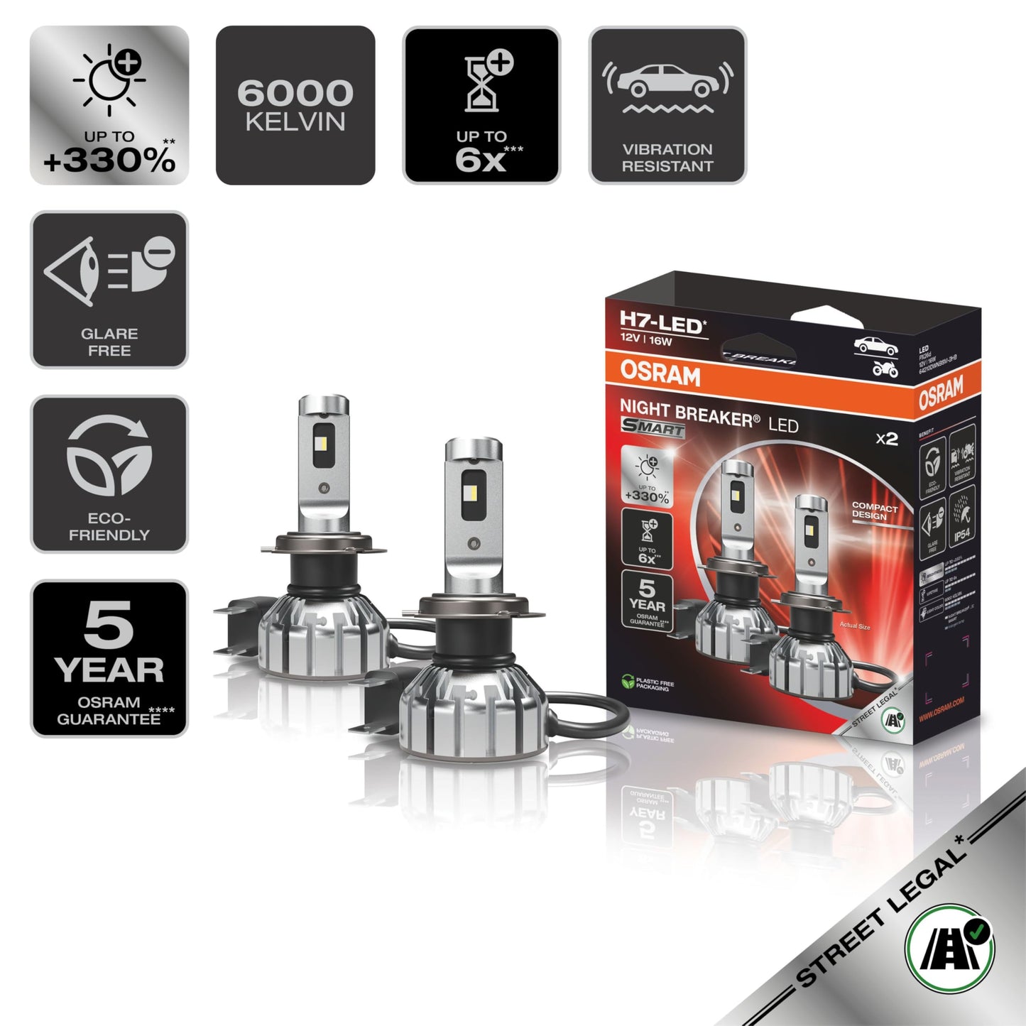 Osram NIGHT BREAKER LED SMART H7; up to 330% more brightness; 6000K, 12V, LED high and low beam with street approval, white - 64210DWNBSM-2HB