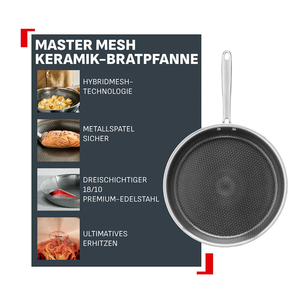 Tefal Master Mesh tigaie ceramică, 20 cm, tehnologie HybridMesh, suprafață rezistentă la zgârieturi, prăjire optimă, eliberare ușoară, formă adâncă, compatibilă cu toate tipurile de plite, oțel inoxidabil, E5330304