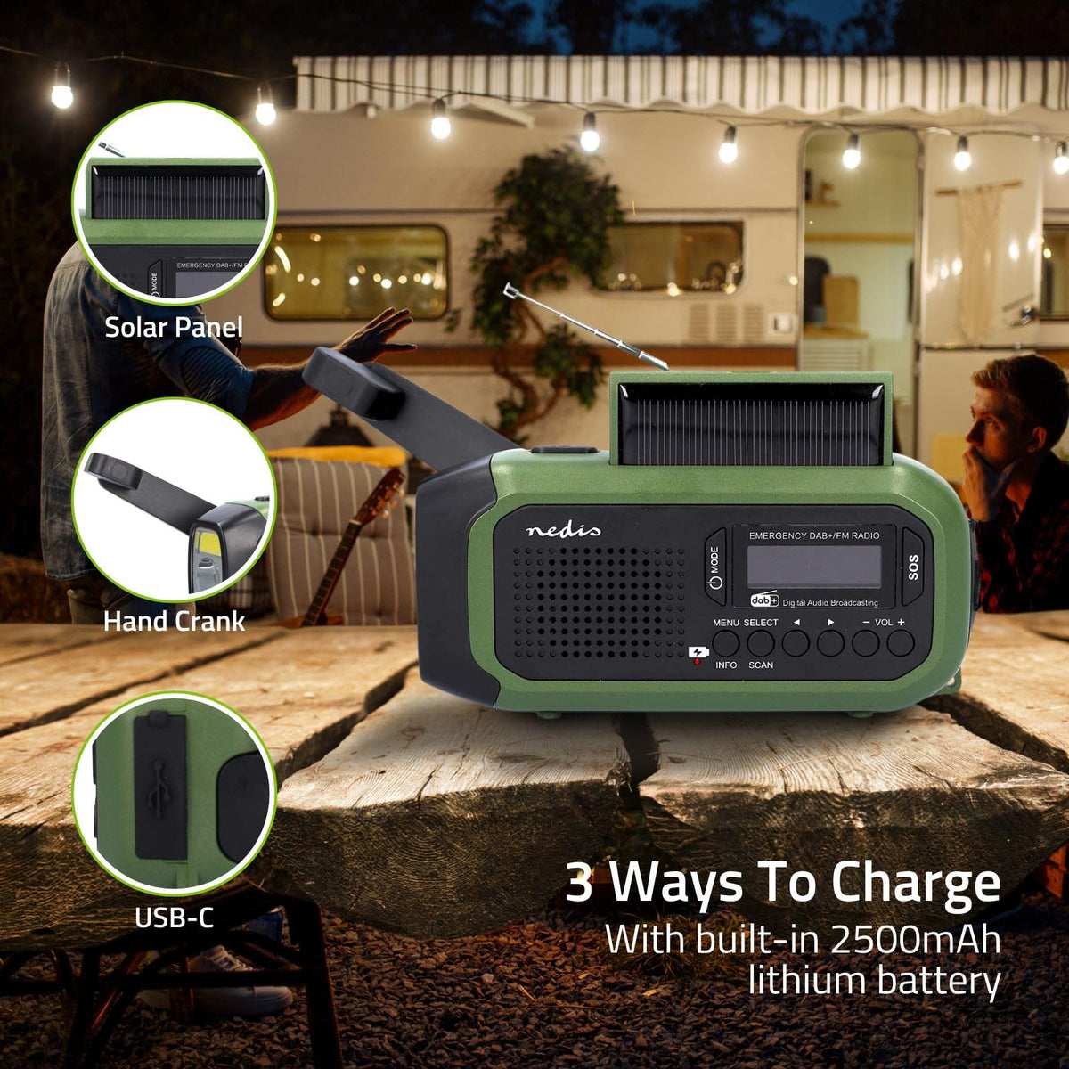 Radio de urgență - Execuție portabilă - DAB+ / FM - Funcționare cu baterii / manivelă / alimentare solară / alimentare prin USB - Ceas deșteptător - Verde / Negru - RDDBCR2000GN