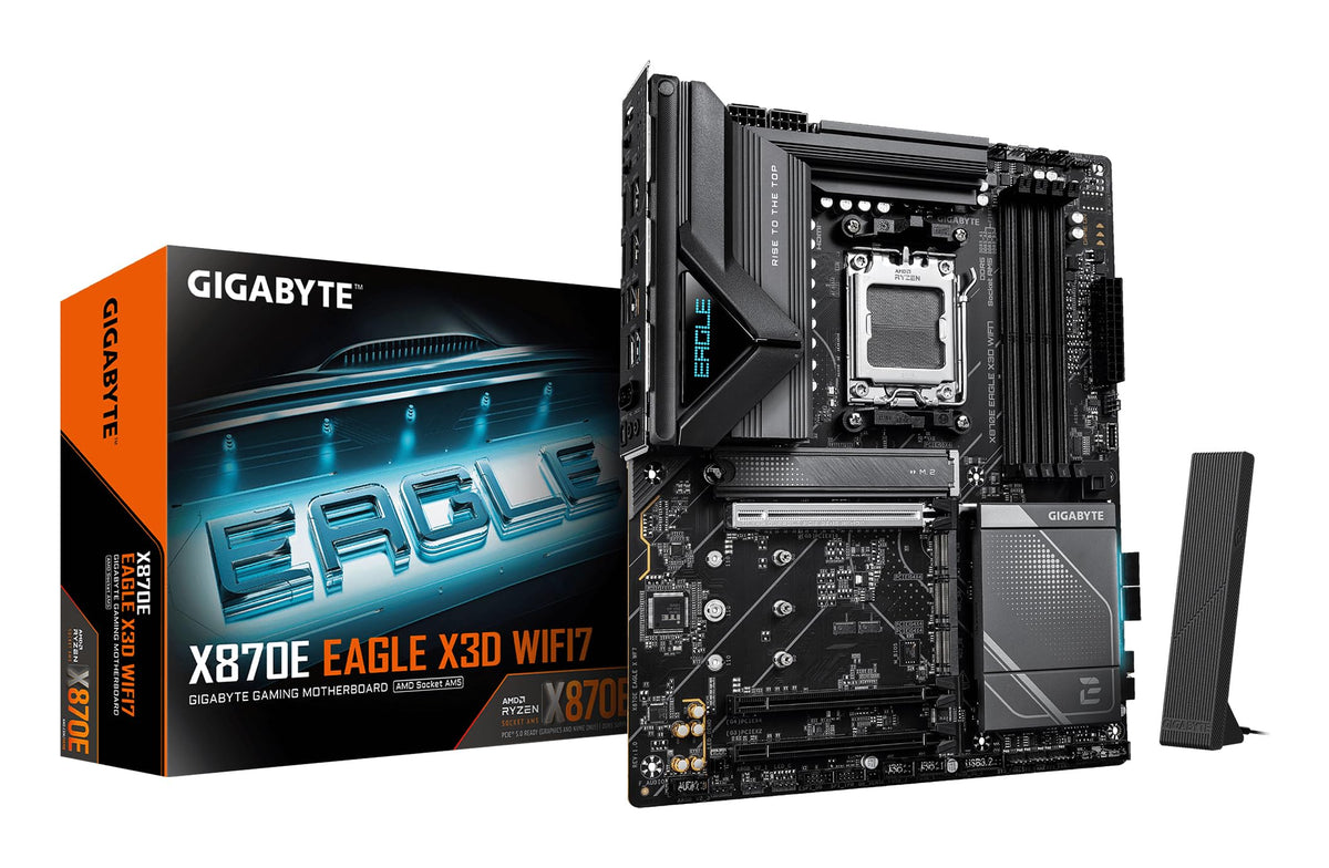 GIGABYTE X870E Eagle X3D WIFI7 Placă de bază – Suportă procesoare AMD Ryzen 9000, VRM digital 14+2+2 faze, până la 9000 Hz DDR5 (OC), 1× PCIe 5.0 + 3× PCIe 4.0, Wi-Fi 7, 5-GbE-LAN, USB 4