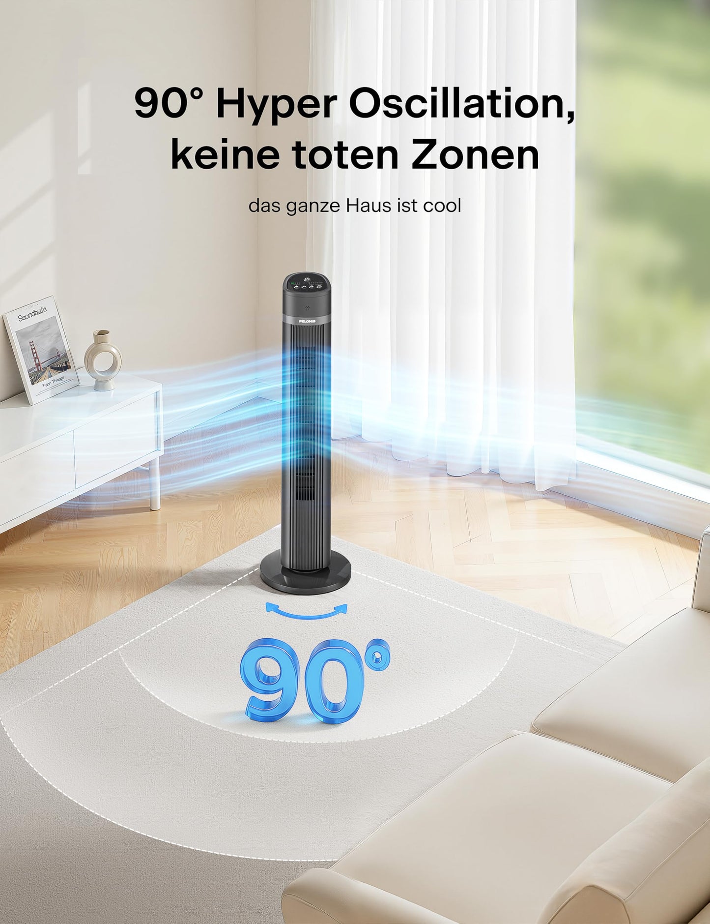 Pelonis Quiet Tower Fan, 40 Inch 102CM Fan with Remote Control, 7m/s Tower Fan Stand Fan with 90° Oscillation, 15 Hour Timer and 3 Speeds, Fans with Cooling - PE-FZ10-18TRB-DE