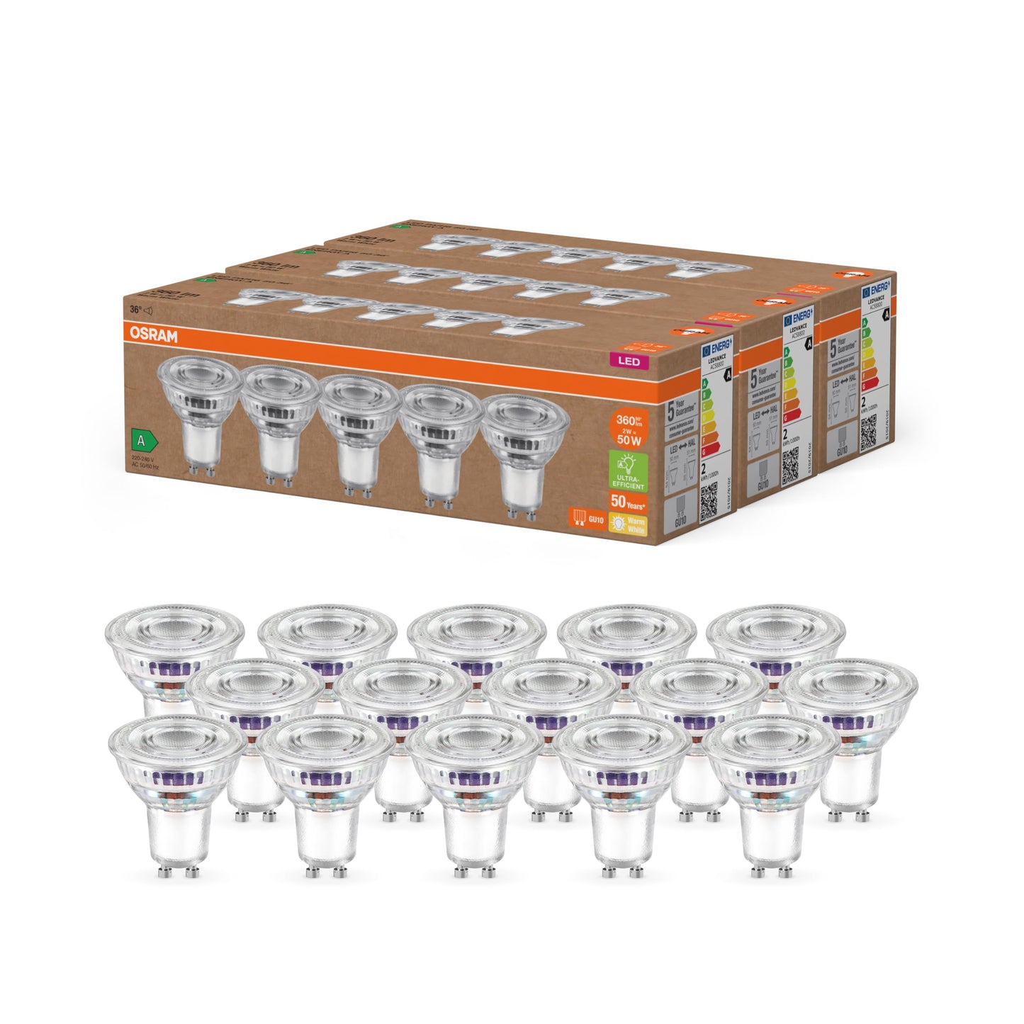 Osram highly efficient LED lamps with energy efficiency class A, value pack with 15 bulbs, replaces conventional 50W reflector lamps, warm white (2700K), E27, glass - 4099854298486