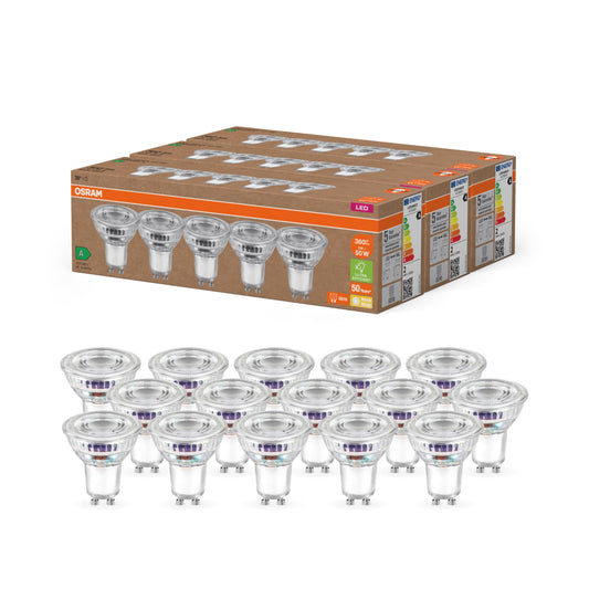 Osram highly efficient LED lamps with energy efficiency class A, value pack with 15 bulbs, replaces conventional 50W reflector lamps, warm white (2700K), E27, glass - 4099854298486