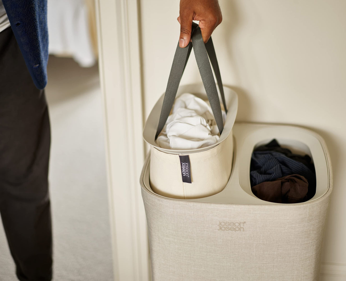 Joseph Joseph Tota 60 Liter Laundry Sorting Basket with Lid, 2 Removable Laundry Bags with Handles, Ecru Beige - 50019