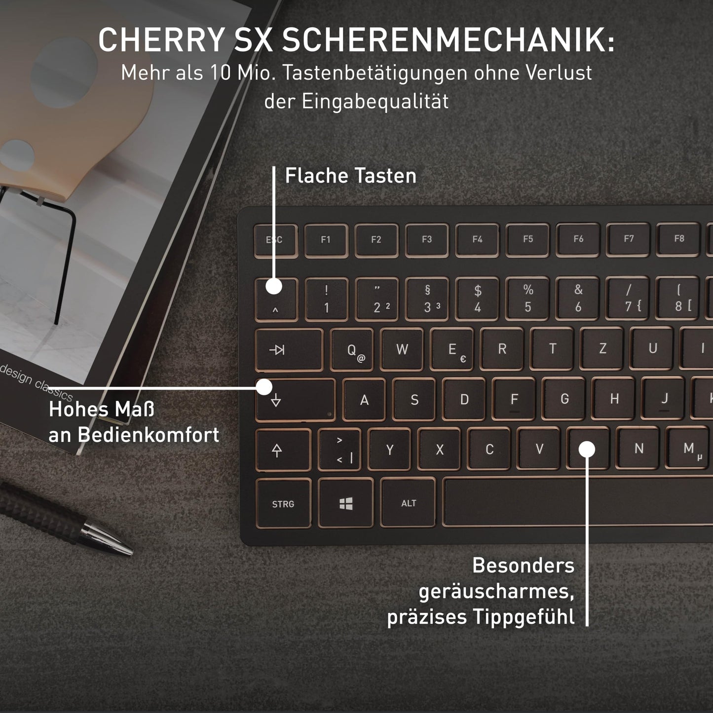 CHERRY DW 9100 Slim, wireless keyboard and mouse set, German layout (QWERTZ), Bluetooth & 2.4 GHz radio, quiet keys, rechargeable, black-bronze - JD-9100DE-2