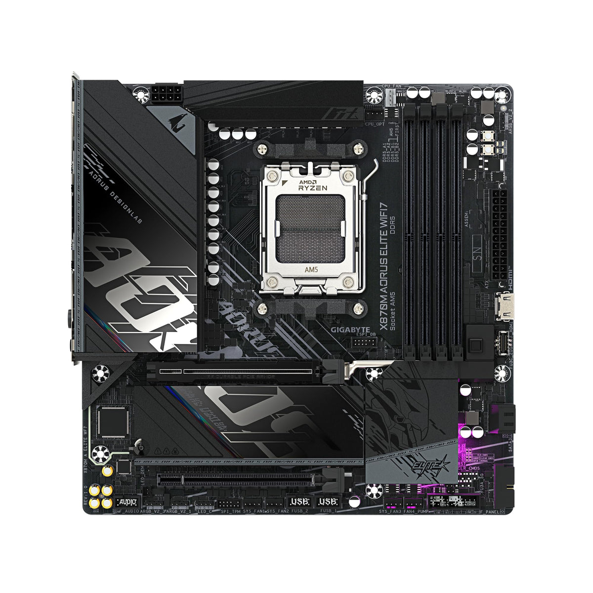 GIGABYTE X870M AORUS Elite WIFI7 Mainboard – Supports AMD Ryzen 9000 CPUs, Digital 14+2+2 Phase VRM, up to 8200 MHz DDR5 (OC), 1 x PCIe 5.0 + 1 x PCIe 4.0, Wi-Fi 7, 2.5 GbE LAN, USB 4