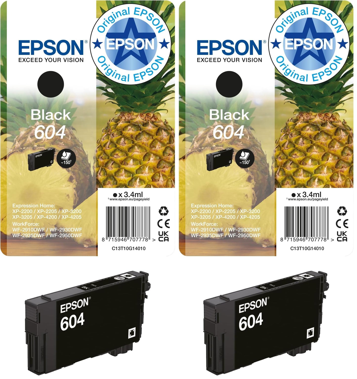 Epson Original 604 Pineapple Single Pack Ink Cartridge | Black | 1x 3.4ml | Original ink for optimal results (pack of 2) - C13T10G14010