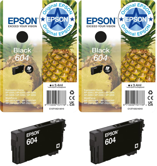 Epson Original 604 Pineapple Single Pack Ink Cartridge | Black | 1x 3.4ml | Original ink for optimal results (pack of 2) - C13T10G14010