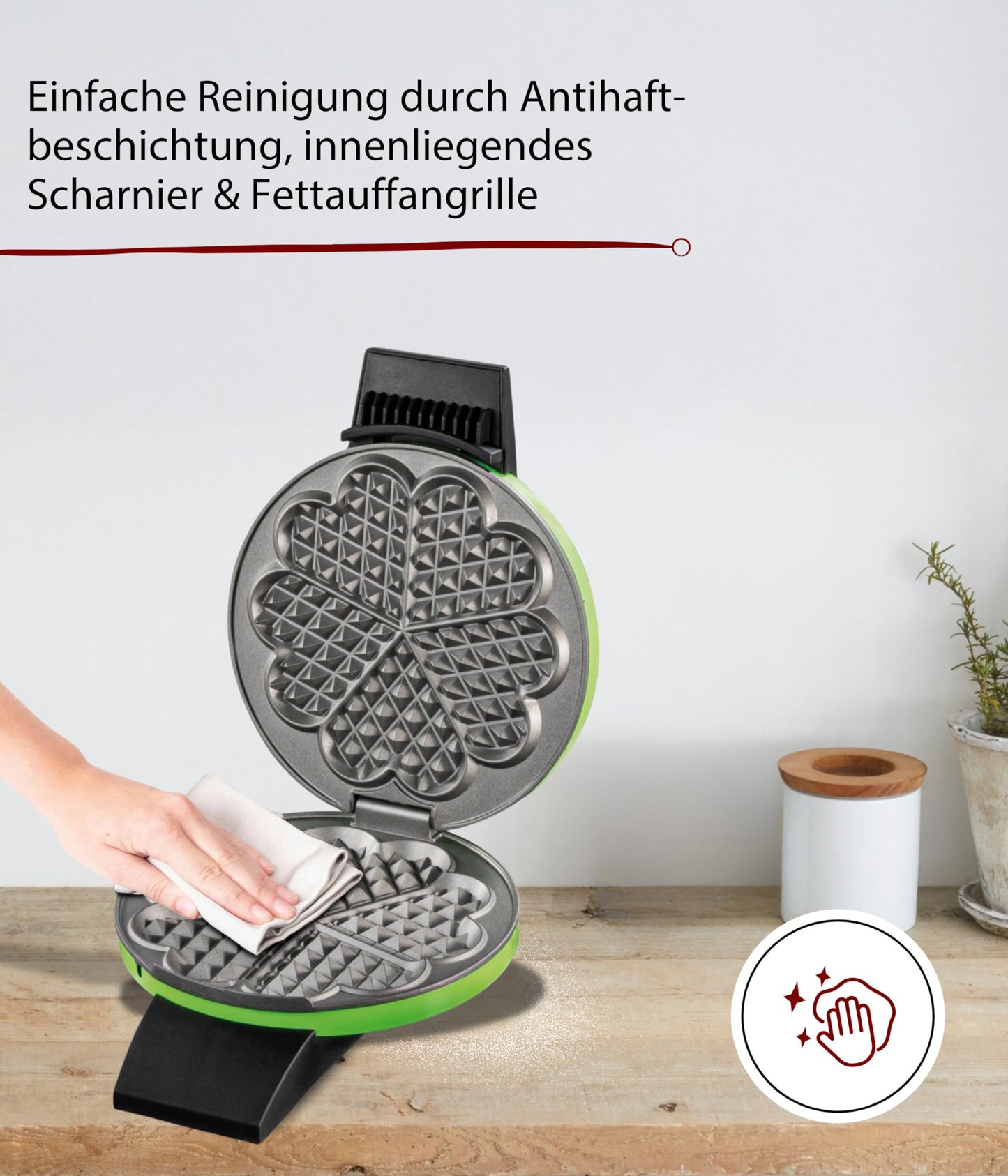 Cloer 1627-14 waffle iron for classic heart waffles, 930 W, waffle size 15.5 cm, continuously selectable browning level, green