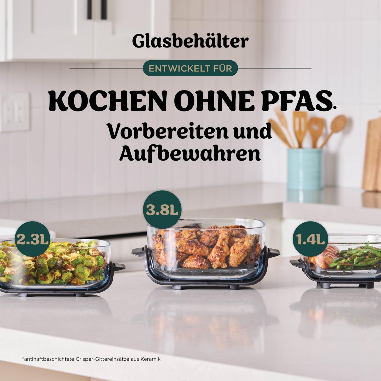 Ninja CRISPi Portable Air Fryer, 3.8L & 1.4L, 4-in-1: Air Fry, Roast, Keep Warm, Crisp, Compact, 3 Removable Glass Containers with Lids, Green FN103EUGN