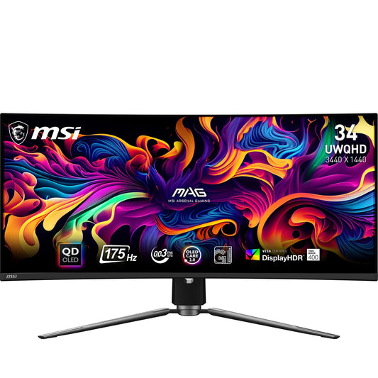 MSI MAG 341CQPA QD-OLED Monitor de Gaming Curbat de 34 inch UWQHD 1800R, 3440 x 1440 Quantum Dot OLED, 175 Hz / 0,03 ms, 99% DCI-P3, ΔE≤2, DisplayHDR True Black 400, KVM–DP 1.4a, HDMI 2.1, USB Typ C - 4711377389556