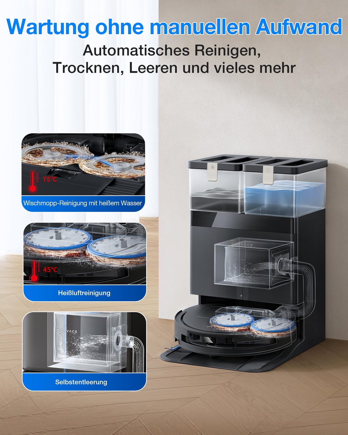 ECOVACS DEEBOT T50 Omni Gen3 robot vacuum cleaner with mopping function, 25,000 Pa, ZeroTangle 3.0, AIVI 3D 2.0, all-in-one omni station, cleaning the mop at 75 °C, ultra-flat 81 mm, matt black