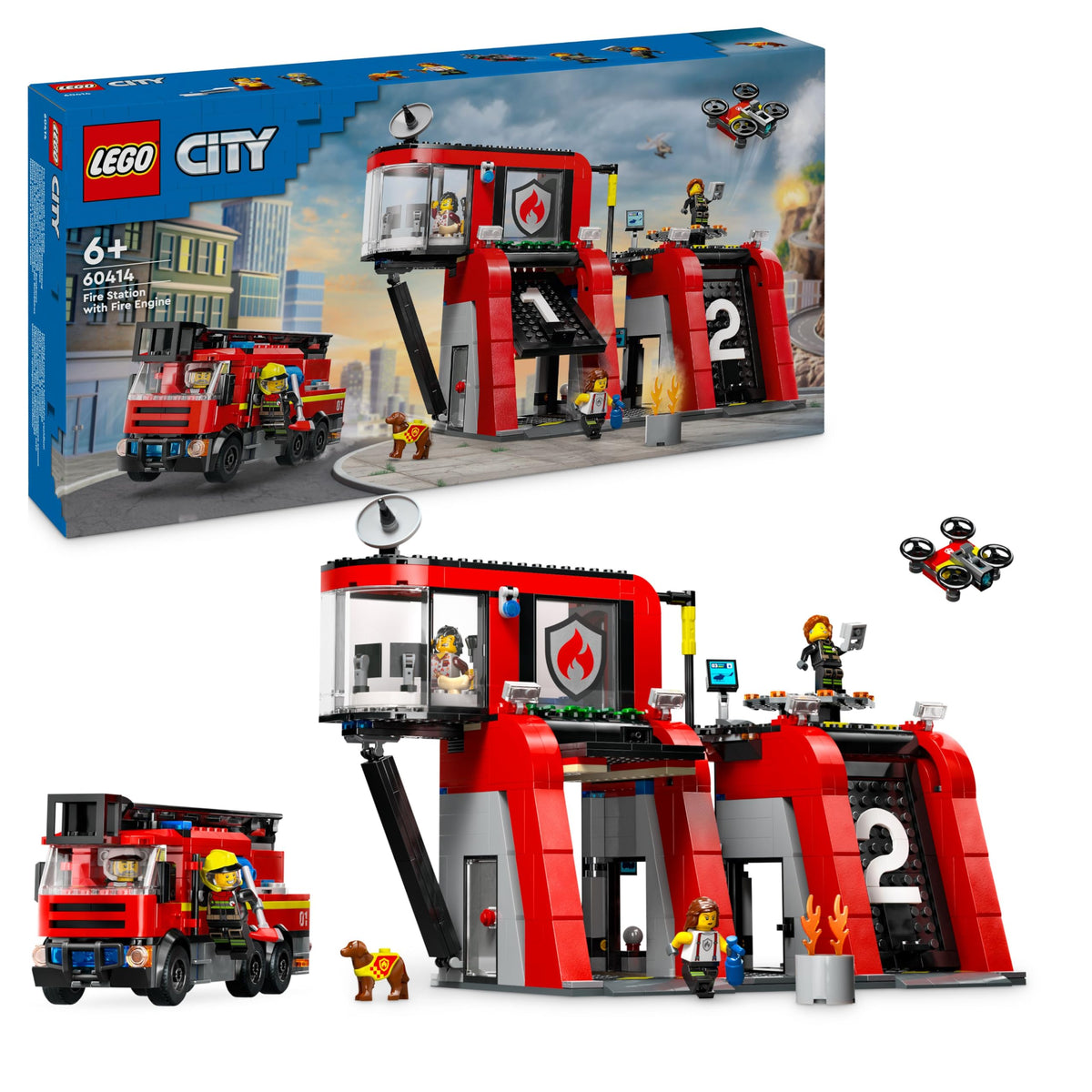 LEGO City Fire Station with Ladder Truck, fire-fighting toy set featuring a fire station and fire truck, birthday gift for children aged 6 and up, set includes a dog and 5 minifigures 60414