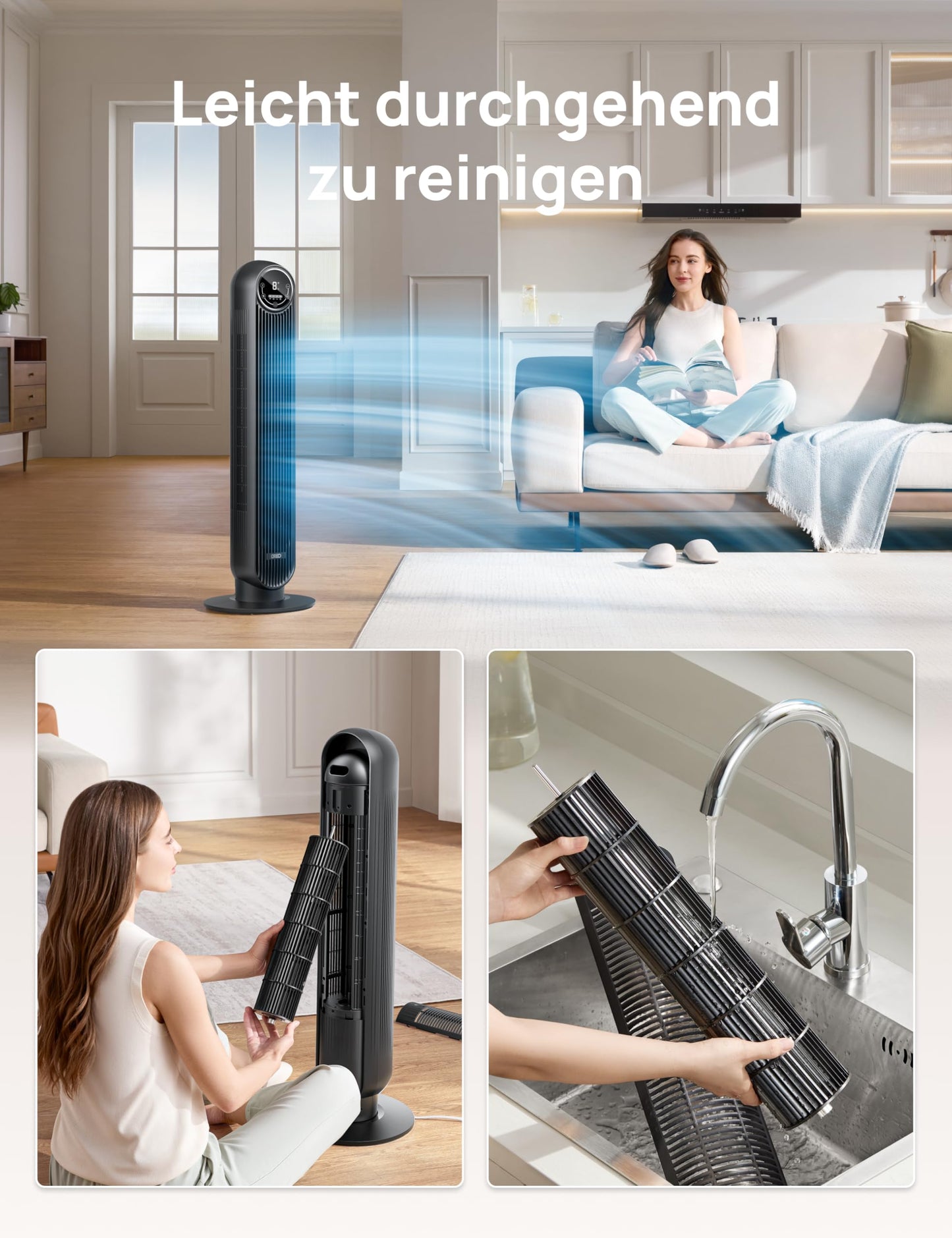 DREO Quiet tower fan, 10 m throw, 8 speed levels, 4 modes, 8 hour timer, 90° oscillating fan with cooling remote control for bedroom, tower fan 307, black - DR-HTF007