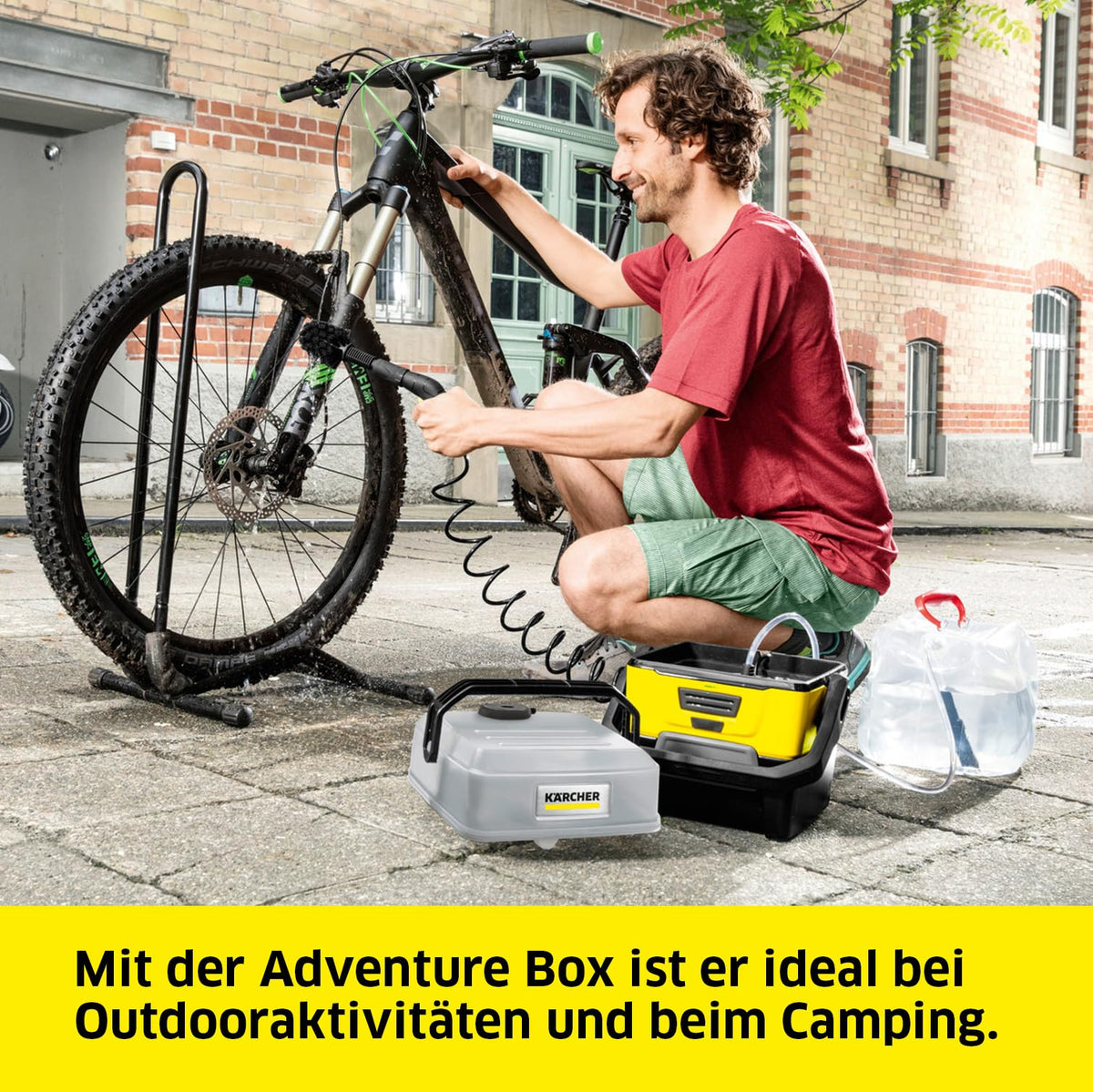 Kärcher Mobile Outdoor Cleaner OC 3 Adventure Box (Water tank volume: 4 l, Lithium-ion battery, Removable water tank, Gentle low pressure, Universal brush, Suction hose), yellow - 1.680-016.0