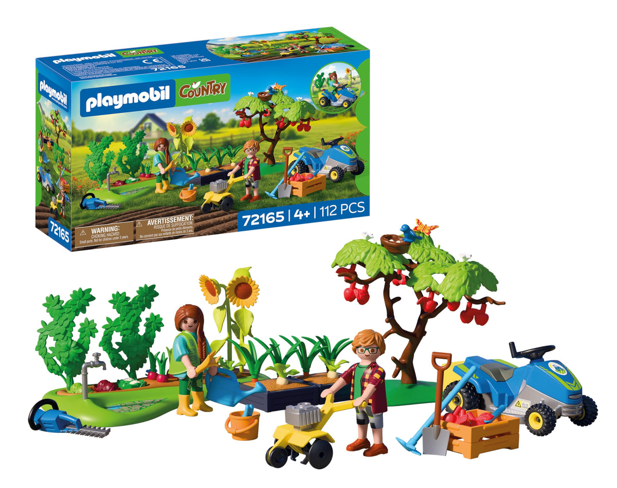 PLAYMOBIL | Țară | Grădină idilică cu legume | Set de grădină cu mașină de tuns iarba cu scaun, legume comestibile și multe accesorii | Pentru copii de la 4 ani | 72165