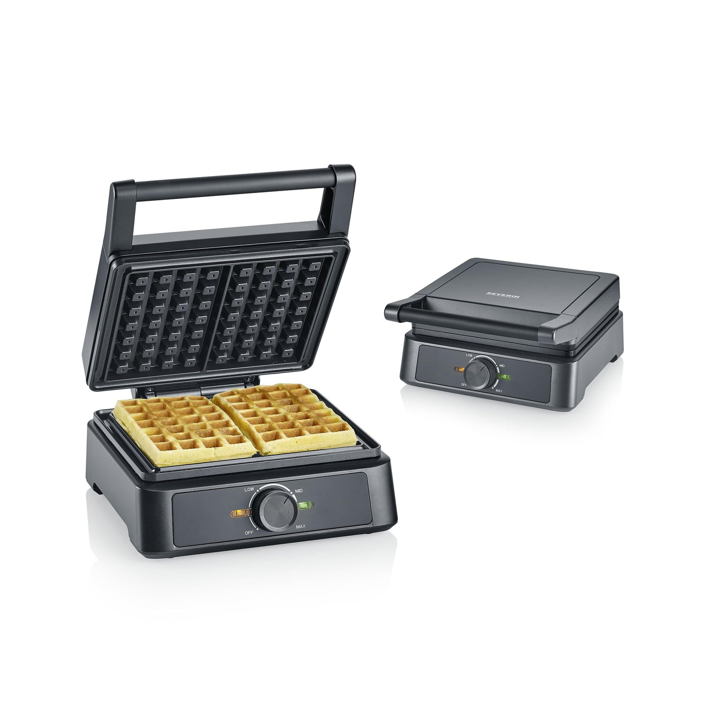 SEVERIN waffle iron Belgian waffle, square waffles, ceramic coating with PFAS-free coating, with indicator light, practical cable winder, 1,600 watts, black stainless steel, WA 2130
