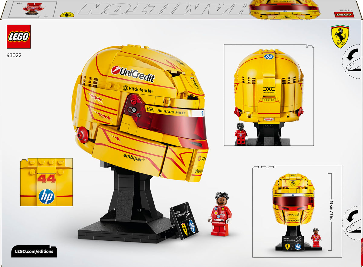 LEGO Editions Scuderia Ferrari HP Lewis Hamilton Helmet - F1 Merchandise - Display Model Kit with Collectible Minifigure - Gift for Boys Aged 14 and Up and Adult Motorsport Fans - 43022
