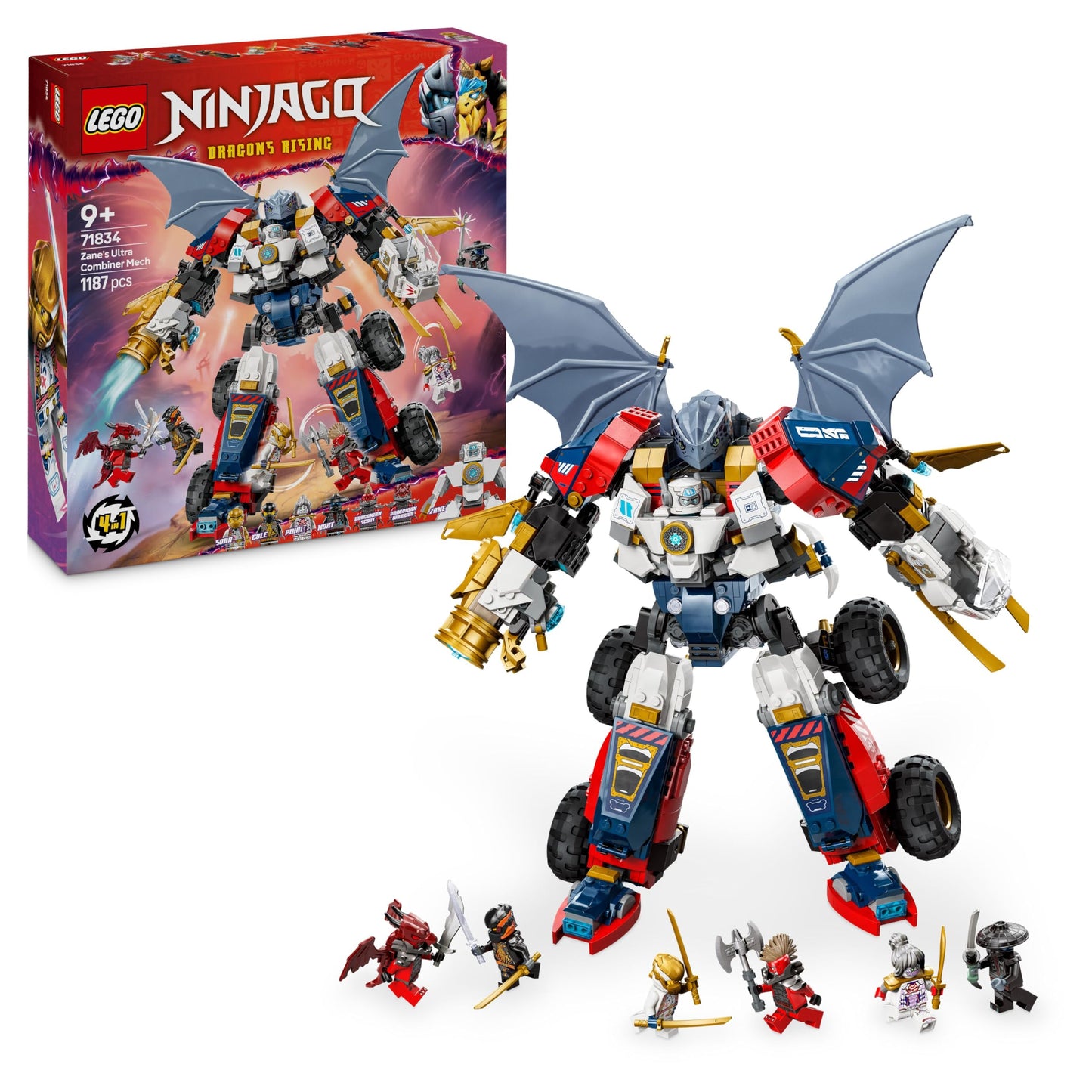 LEGO NINJAGO 4in1 Zane's Ultra Combi Mech - Toy with car model - Convertible into a jet or dragon figure - Incl. 6 minifigures - Building toy for boys and girls aged 9 and up 71834