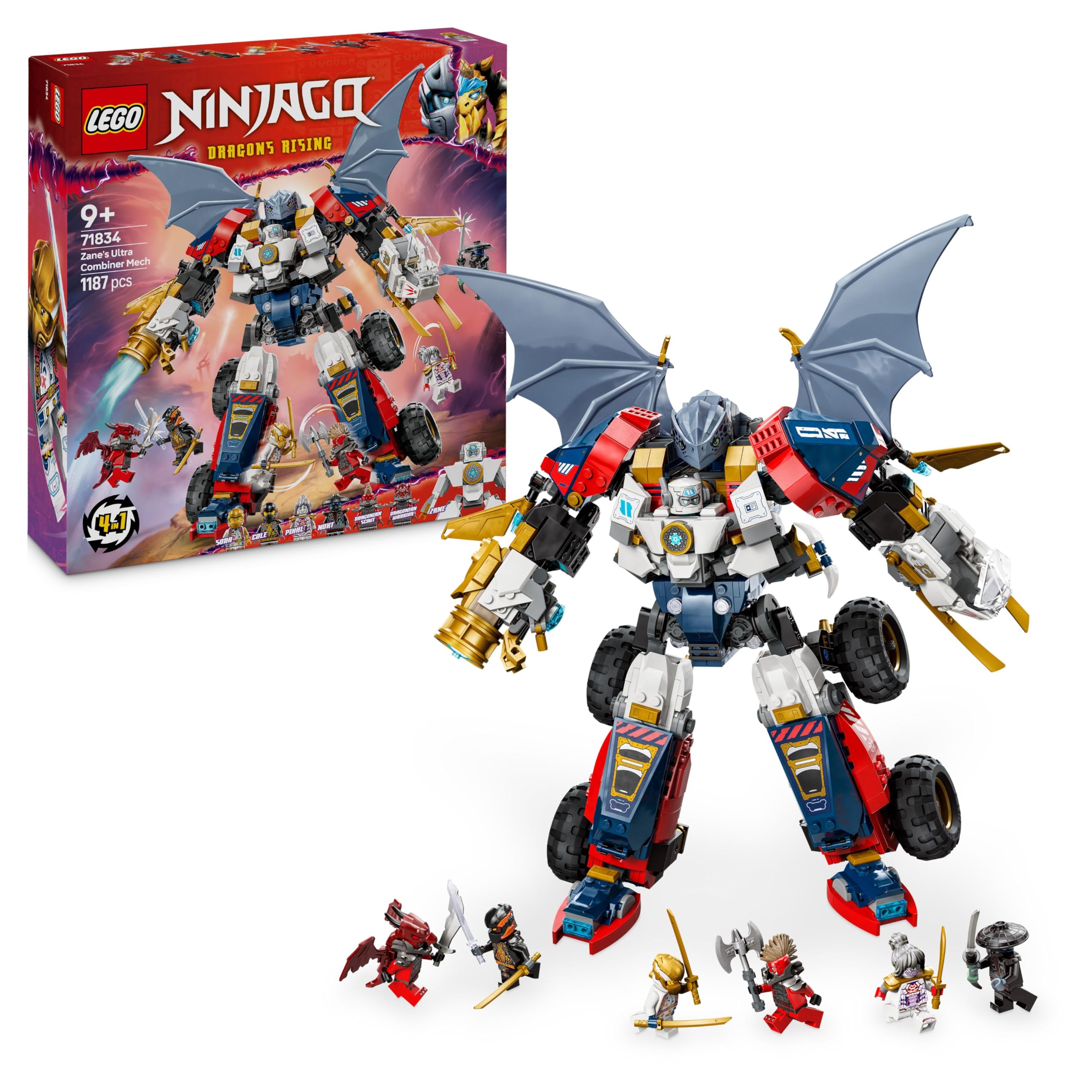 LEGO NINJAGO 4in1 Zane's Ultra Combi Mech - Toy with car model - Convertible into a jet or dragon figure - Incl. 6 minifigures - Building toy for boys and girls aged 9 and up 71834