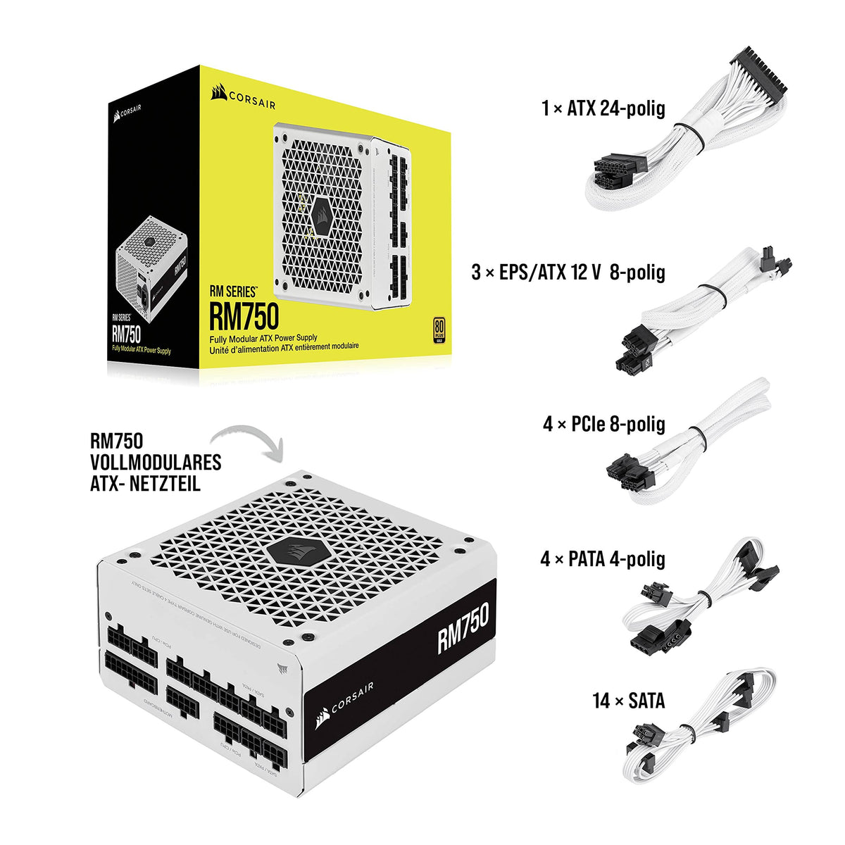 Corsair RM750 (2021), RM Series, 750 Watt 80 Plus Gold Fully Modular ATX Power Supply (Three EPS12V Connectors, Quiet Operation, Zero RPM Fan Mode, Capacitors Rated for 105 °C) White - CP-9020231-EU