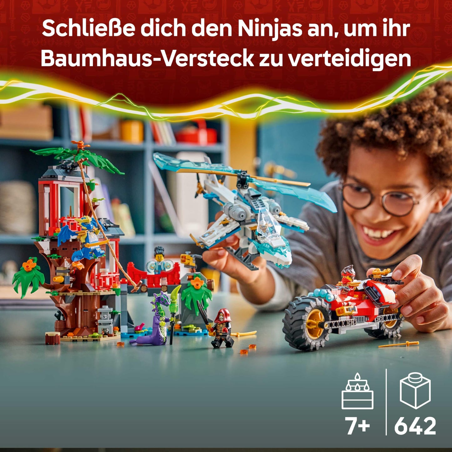 LEGO NINJAGO showdown at the tree house with the ninja bike - action toy with motorcycle, helicopter, 6 minifigures and swords - gift for boys aged 7 and up and fans - 71857
