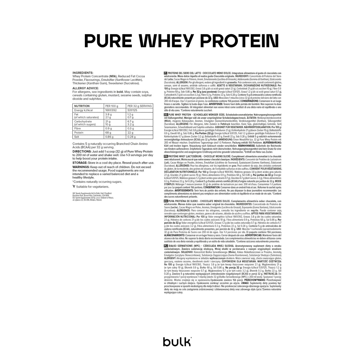 Bulk Pure Whey Protein Powder Less Sweet, Chocolate, 22g Protein and 5g BCAAs per serving, Whey Concentrate Shake, Low Sugar, Supports Muscle Growth and Recovery, Good Solubility, 2.5kg