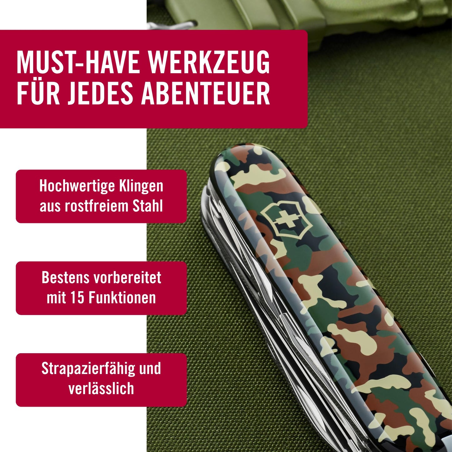 Victorinox Swiss Army Knife Huntsman, Multitool, Swiss Army Knife with 15 functions, blade, corkscrew, can opener, folding box, camouflage - 1.3713.94