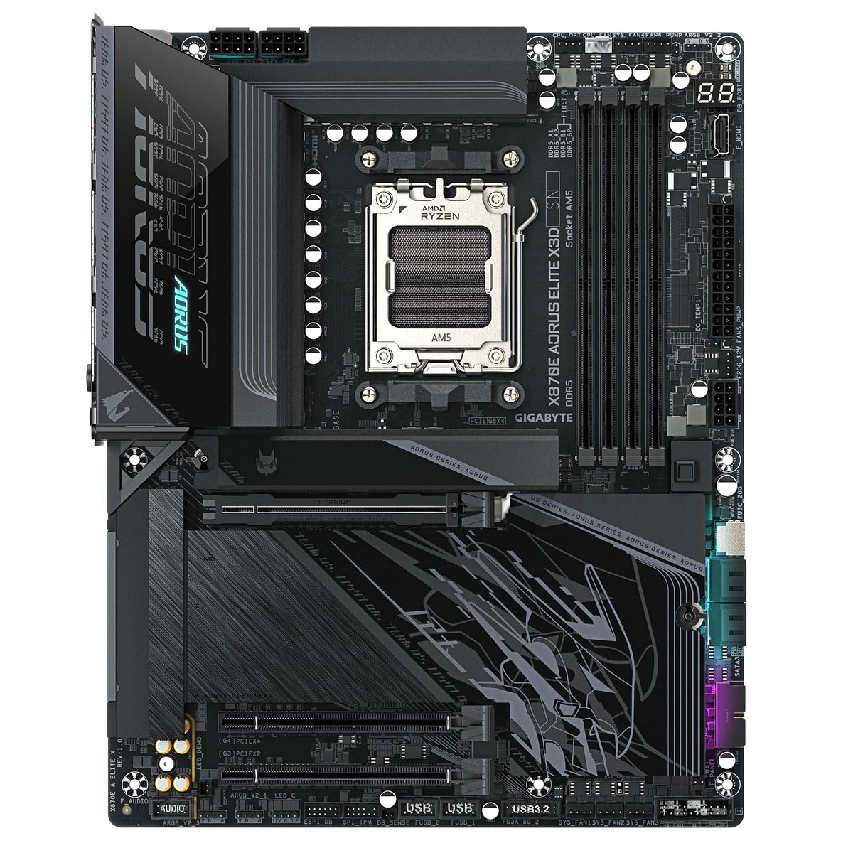 Placa de bază GIGABYTE X870E AORUS Elite X3D – Suportă procesoarele AMD Ryzen 9000, VRM digital 16+2+2 faze, până la 9000 Hz DDR5 (OC), 2 x PCIe 5.0 + 2 x PCIe 4.0, Wi-Fi 7, LAN 5 GbE, USB 4