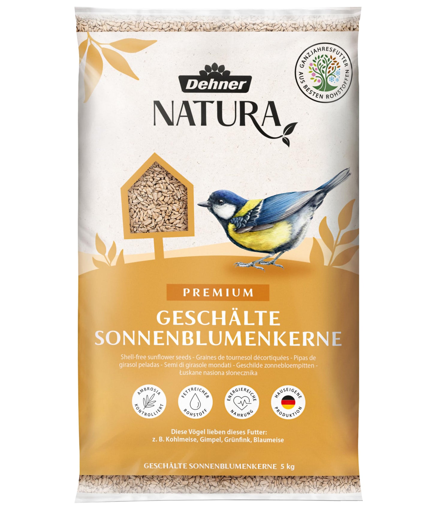 Dehner Natura Premium wild bird food, sunflower seeds shell-free, all-season food rich in protein / high in energy, high-quality bird food for wild birds, 5 kg - 5248638