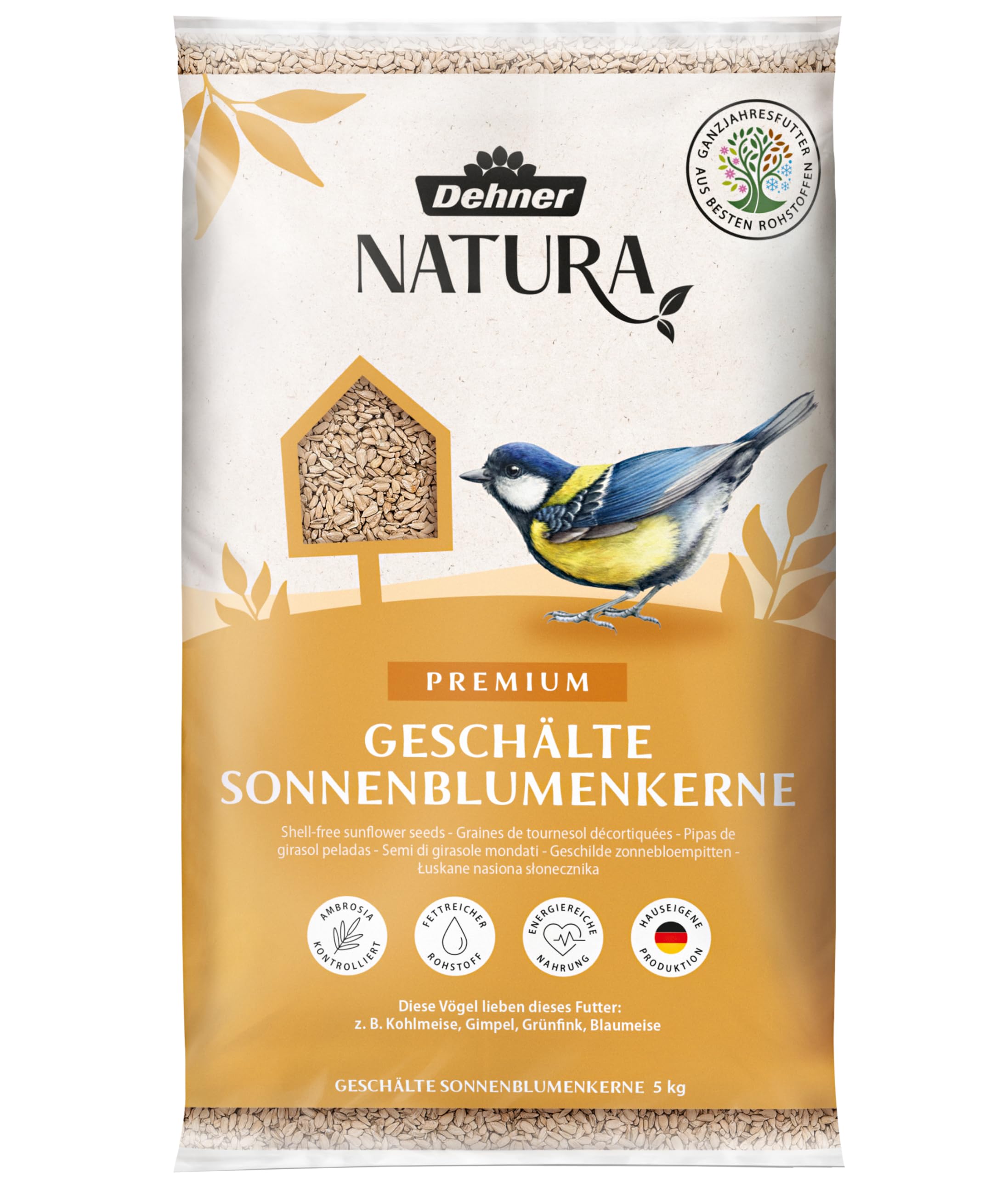 Dehner Natura Premium wild bird food, sunflower seeds shell-free, all-season food rich in protein / high in energy, high-quality bird food for wild birds, 5 kg - 5248638