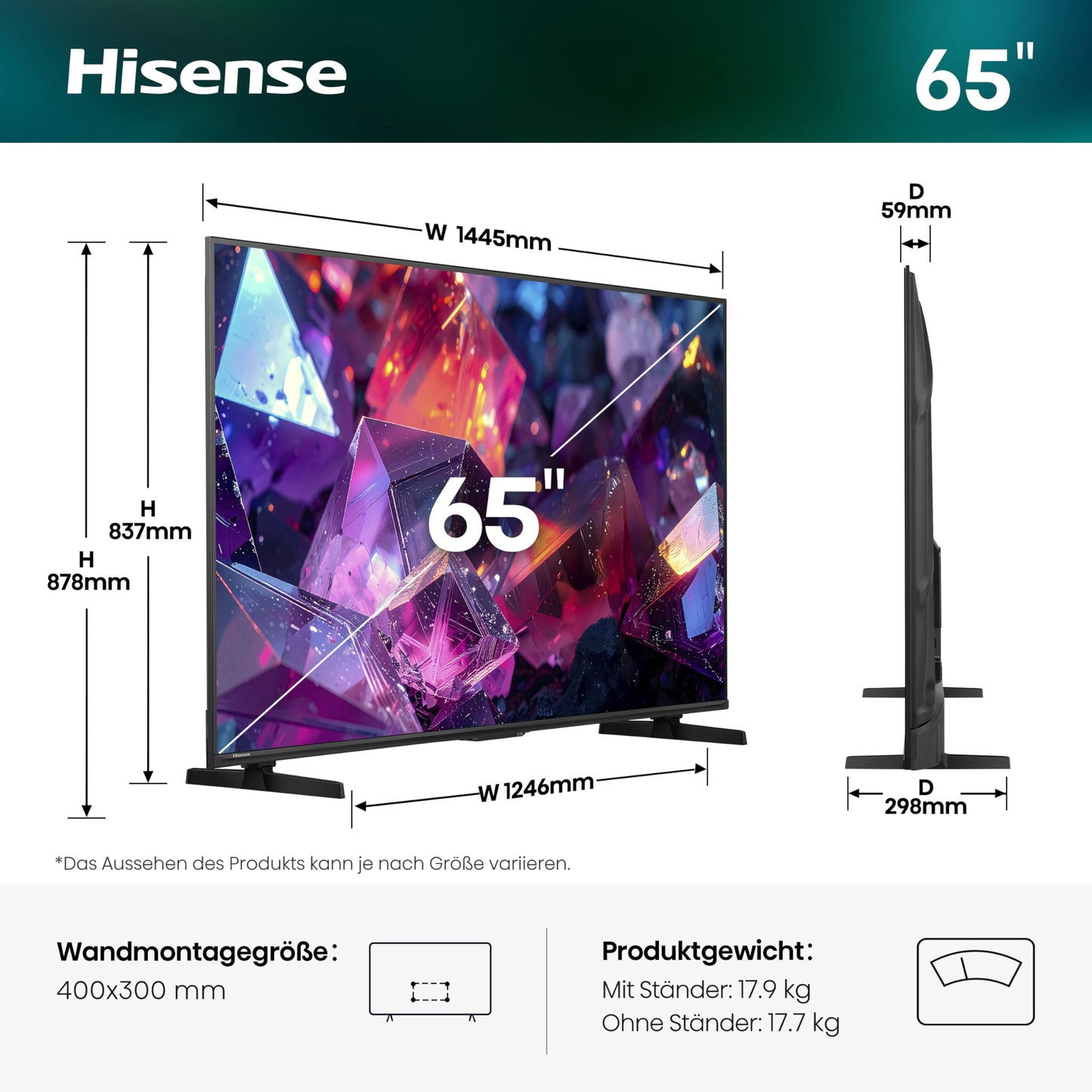 Hisense 65E7DS PRO TV 65 inch, 4K UHD QLED, Smart TV, Hi-Concerto, 144Hz Game Mode, Hi-QLED Colour, Dolby Vision.Atmos, Filmmaker Mode, Dolby Audio, DTS Virtual: X, FreeSync Premium [2026]