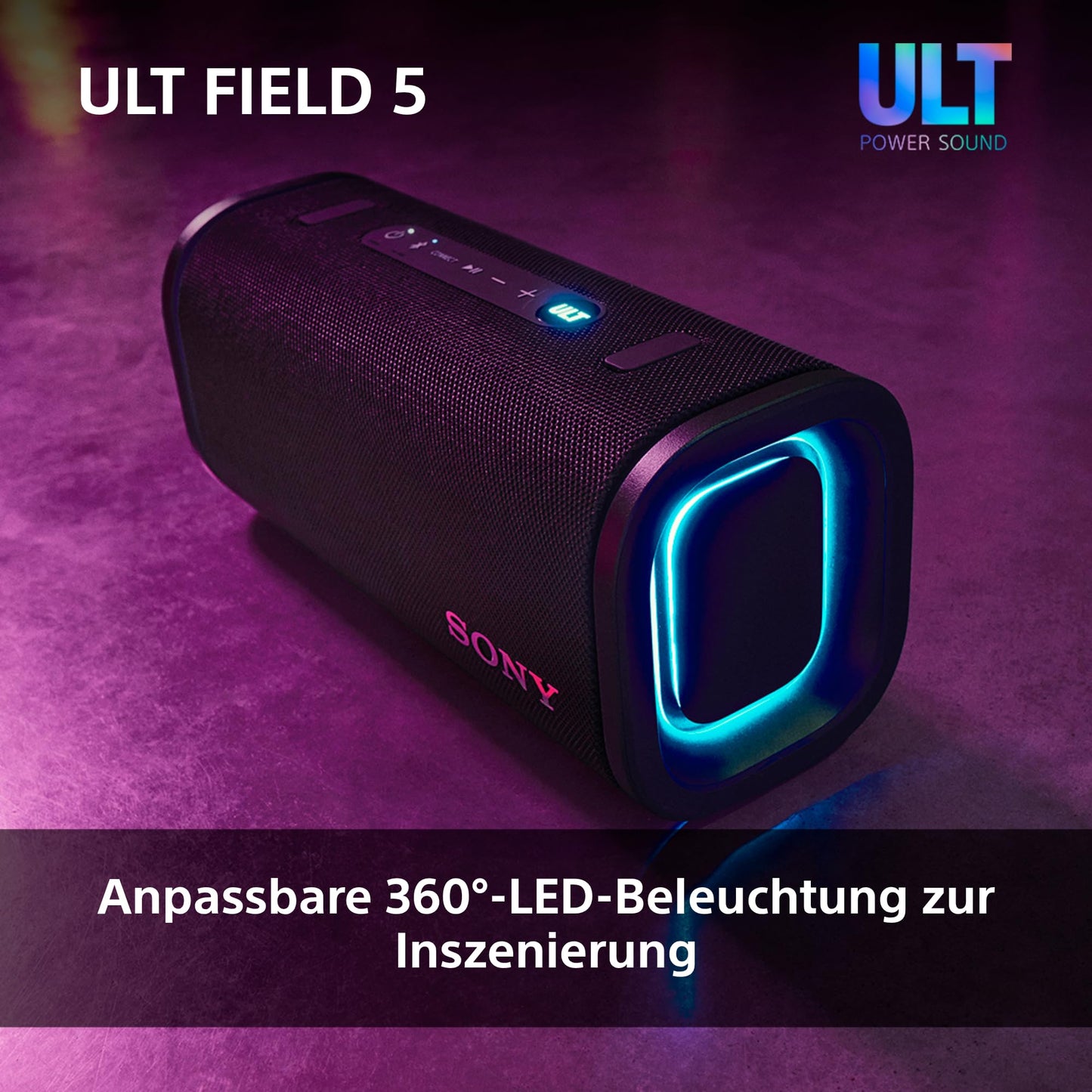 Sony ULT Field 5 - Powerful Portable Bluetooth Speaker, 25 Hour Battery, 2 x ULT Power Sound Modes, IP67, Waterproof, Dustproof, 360° Lights, Detachable Shoulder Strap - Black - SRSULT50B.CE7