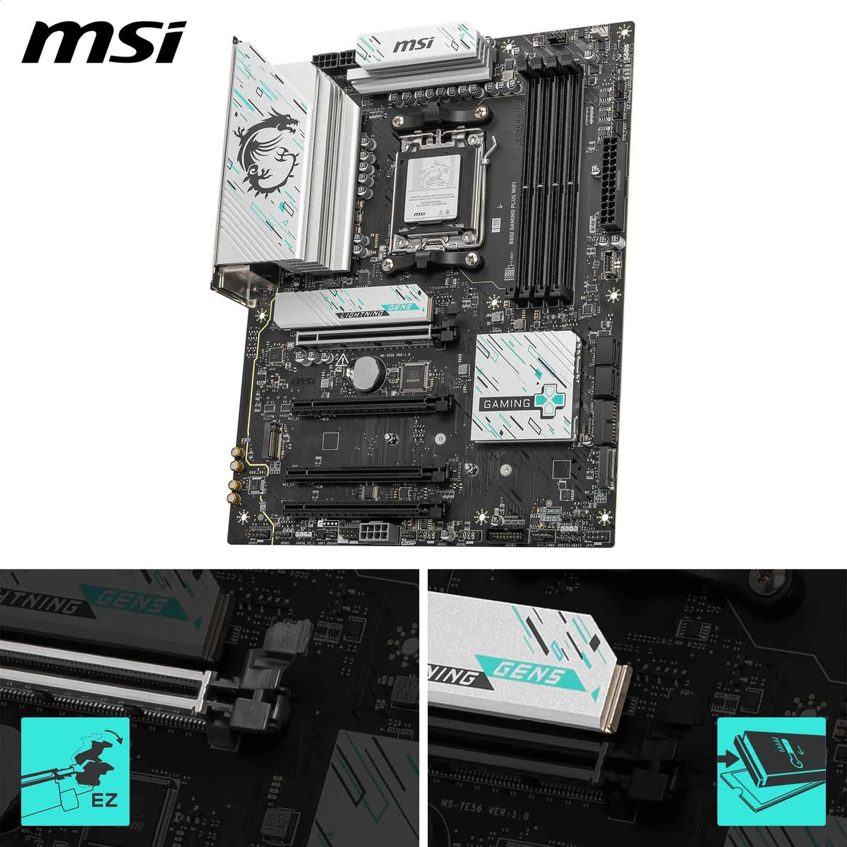 Placa de bază MSI B850 Gaming Plus WiFi, ATX - Suportă procesoare AMD Ryzen 9000/8000/7000, AM5 - Memorie DDR5 Boost 8200+ MT/s (OC), PCIe 5.0 x16 și 4.0 x16, M.2 Gen5, Wi-Fi 7, 5G LAN - 7E56-001R