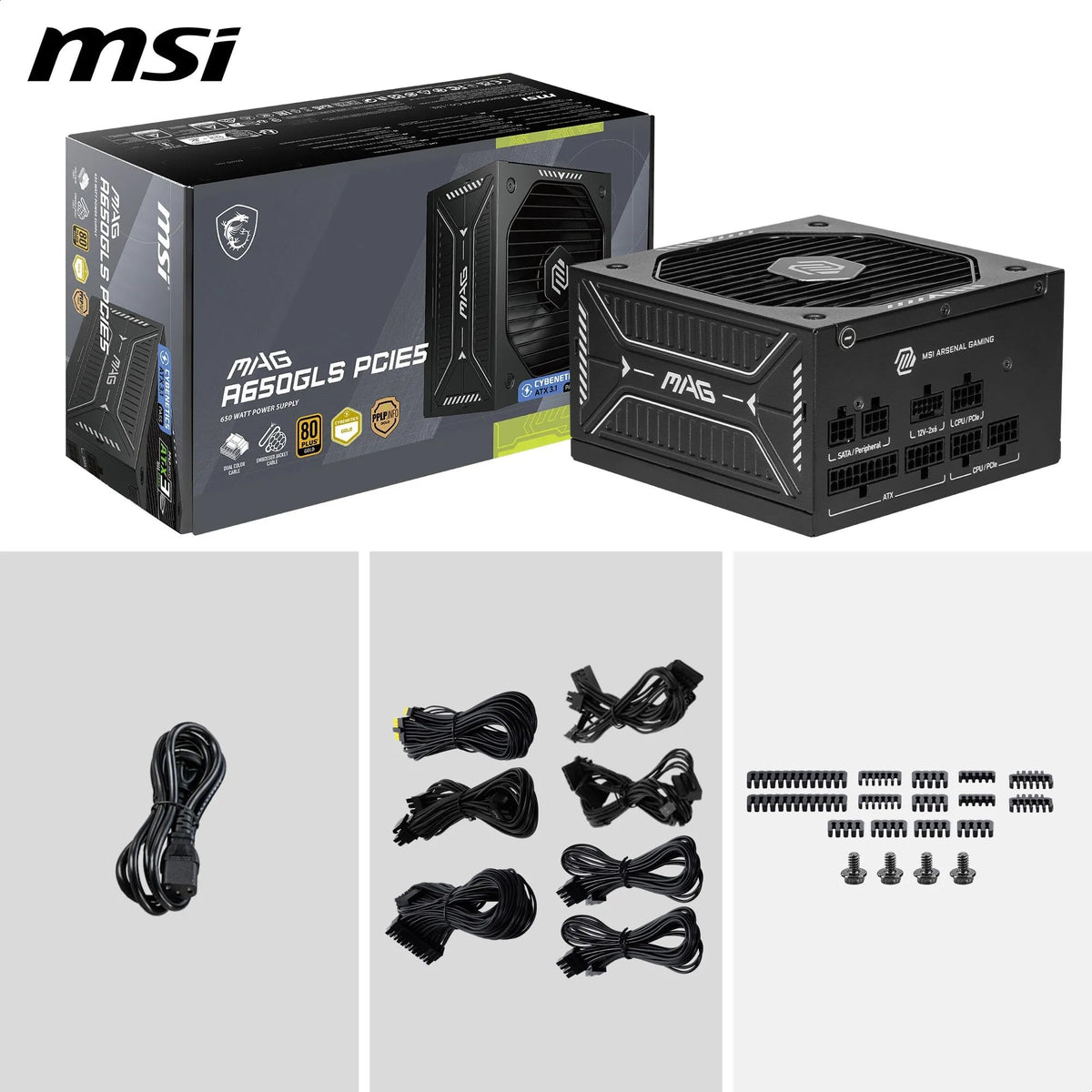 MSI MAG A650GLS PCIE5 Sursă, 650W, 80 Plus Gold, ATX 3.1, Suport GPU PCIe 5.1, 12V-2x6 nativ, Conector 12V-2x6 bicolor, Sursă ATX, Cablu modular - 306-7ZPHY11-HD8