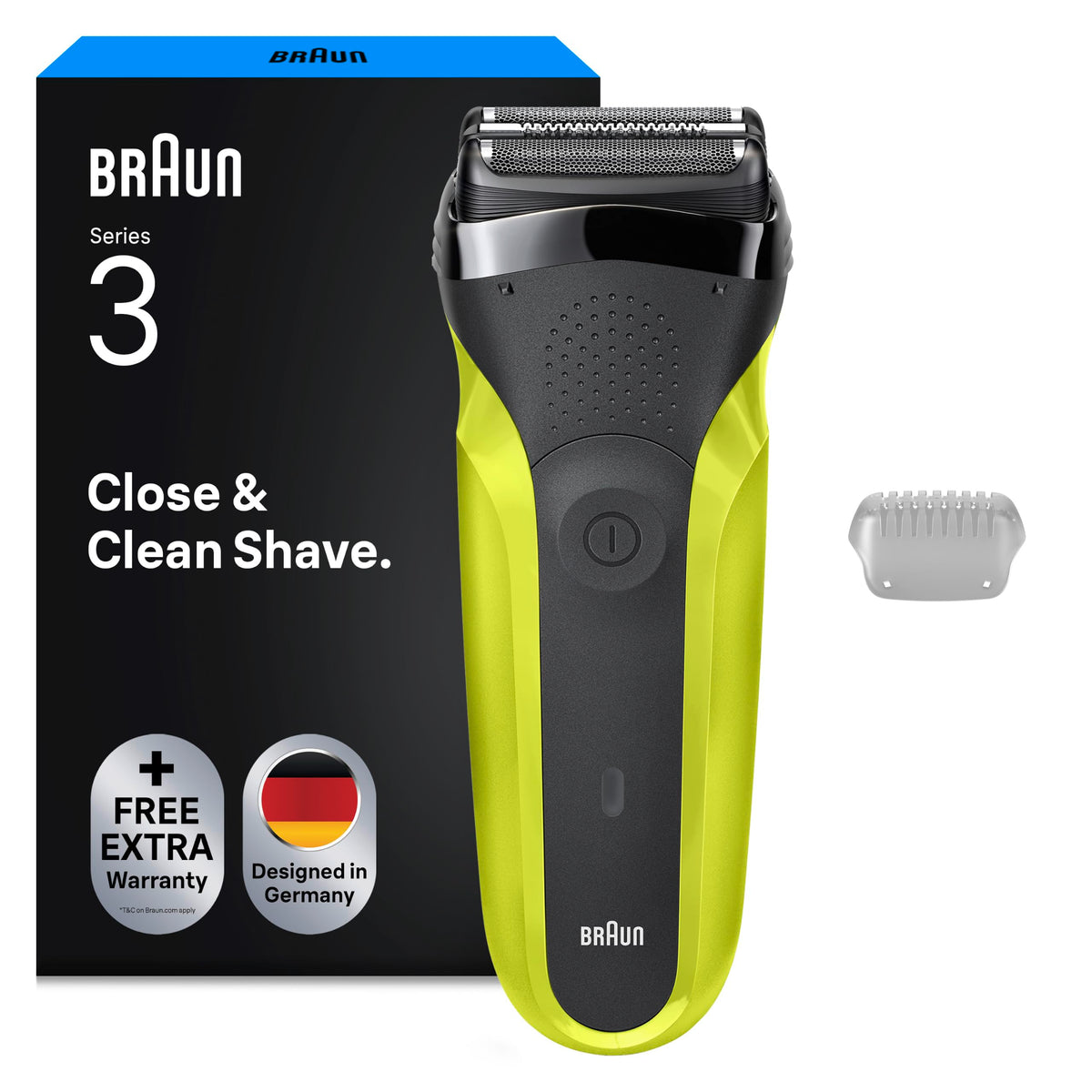 Braun Series 3 300S Rasoir electric cu 3 lame flexibile, reîncărcabil și fără fir, rasoir electric cu folie lavabilă, Negru/Verde electric (pachet de 1)
